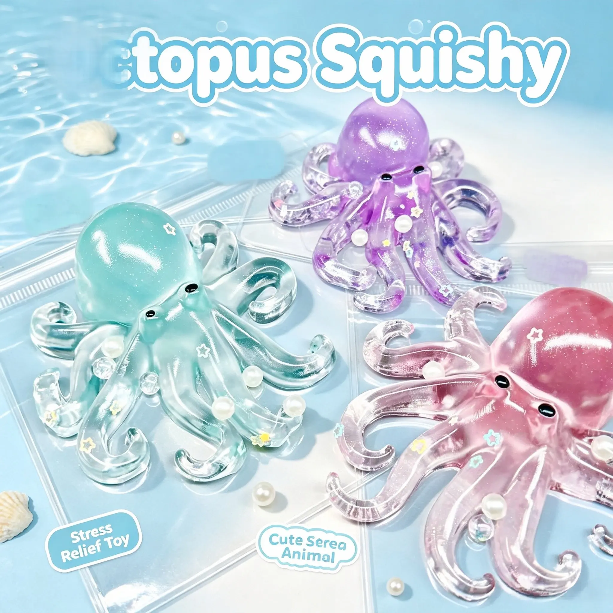 Multiple Octopus Stress Toys, Ocean Cute Style, Transparent Glitter Soft Gel Stretchable, Relaxation Toy for Kids and Adults, Desk Decor