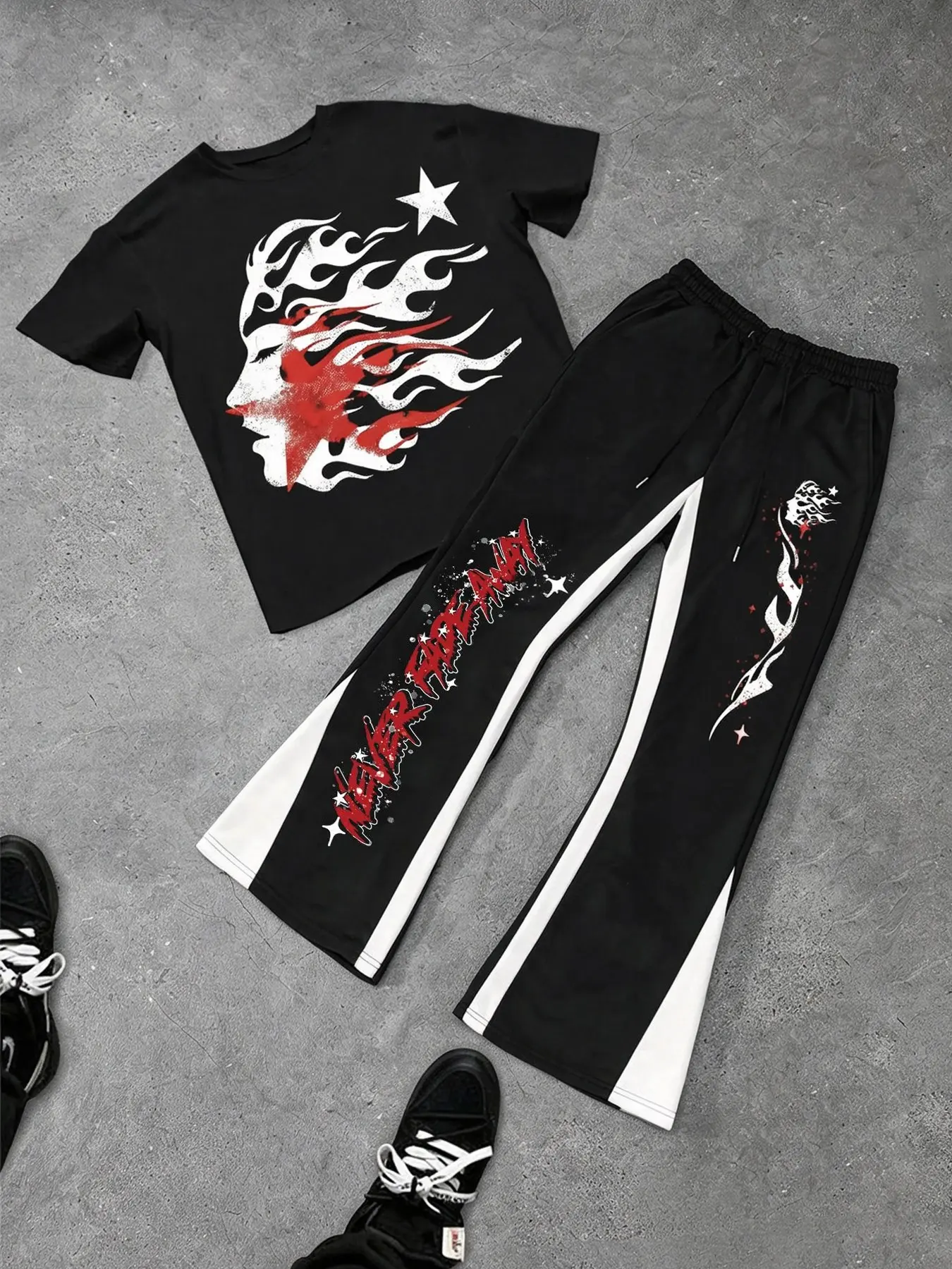 Men's Short Sleeve Tee & Letter Print Flame Bell Bottom Trousers Two-piece Set, Menswear, Regular Fit Round Neck T-shirt & Trousers, Casual Fashion Cozy Breathable Men Two-piece Outfits for All Seasons