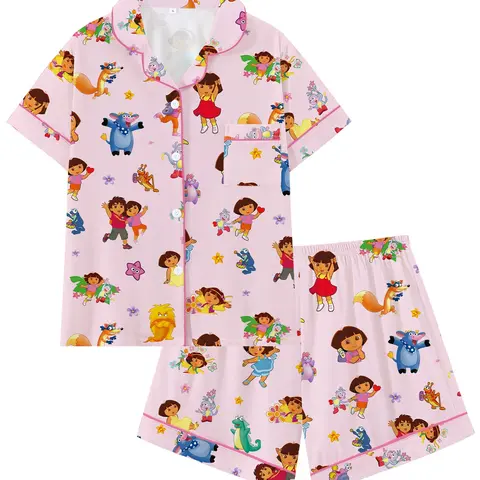 Women's Pajama Set, Dora Print Short Sleeve Shorts, 2-Piece Sleepwear Loungewear, Casual Home, Spring & Fall, Slim-Fitting, All over Print, Pjs, Pyjamas, Casual Pajamas Set