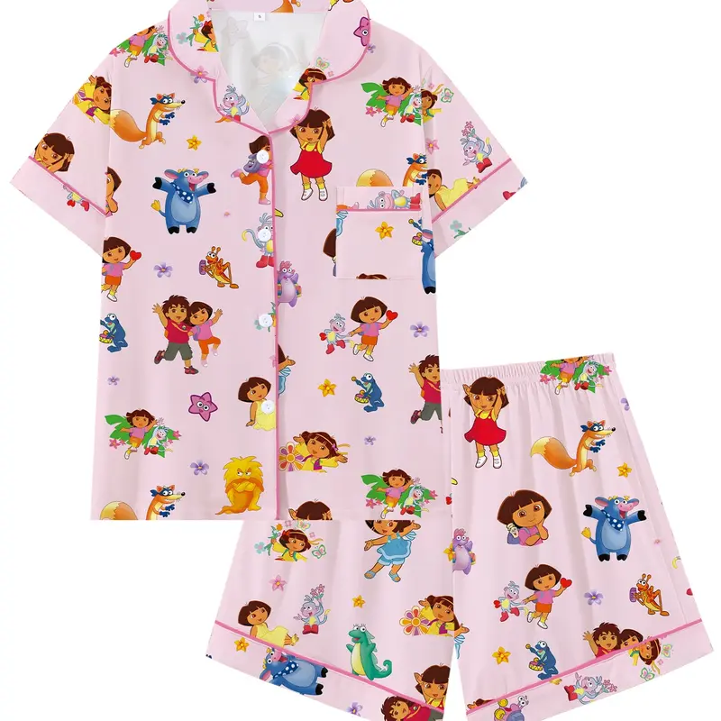 Women's Pajama Set, Dora Print Short Sleeve Shorts, 2-Piece Sleepwear Loungewear, Casual Home, Spring & Fall, Slim-Fitting, All over Print, Pjs, Pyjamas, Casual Pajamas Set