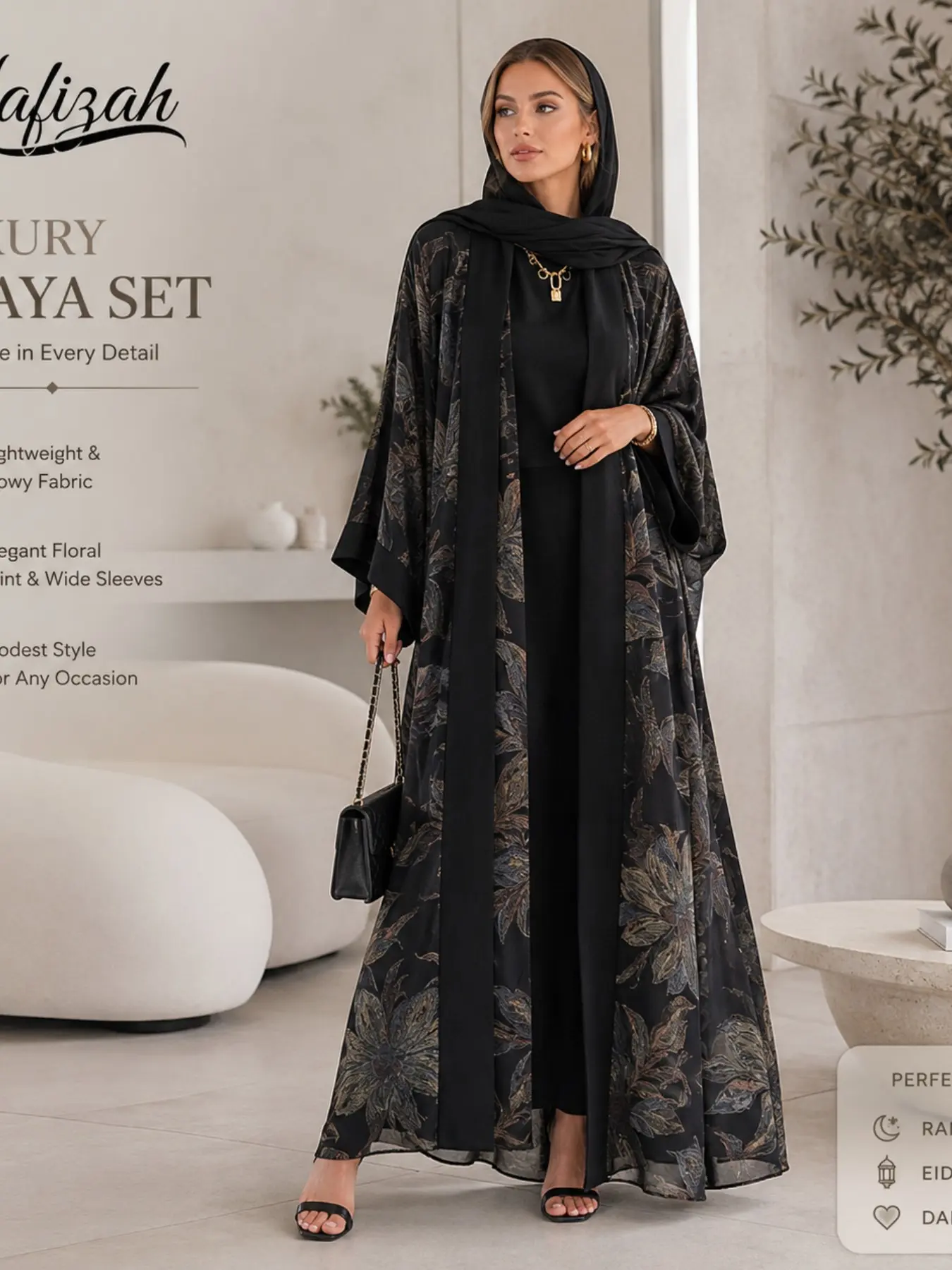 Luxurious Floral Pattern Women's Open Front Robe, Elegant Dubai Style Kimono Cardigan, Muslim Ramadan and Eid Dress