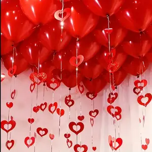 100pcs Romantic Heart Decor Set, Plastic Heart Pendants with Rope, Wedding Valentine's Day Birthday Party Room Decoration, Red