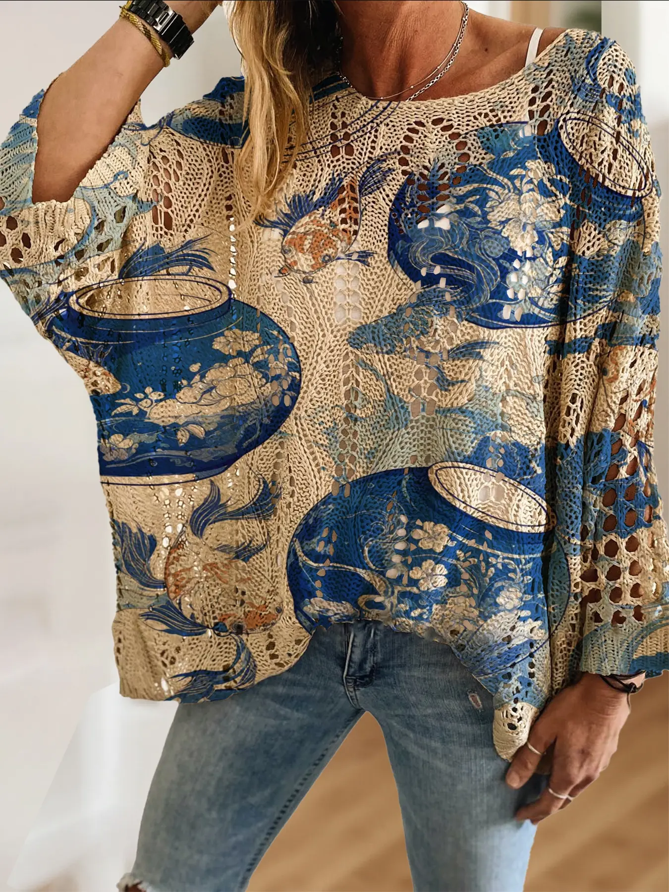 Women's Chinese Ink Lotus Koi Print Round Neck Long Sleeve Knit Top, Casual Elegant Vacation Style Sweater, Comfortable Breathable Women's Shirt