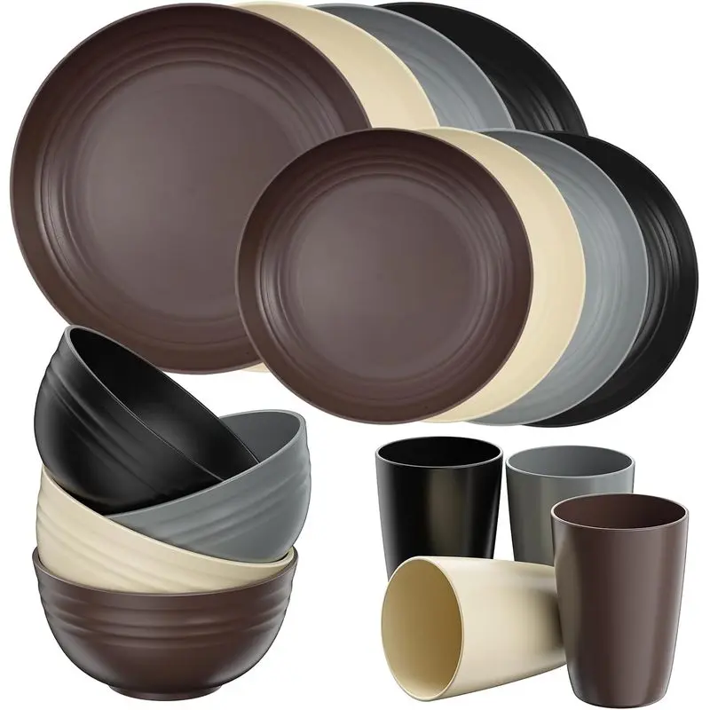 24 PCS Unbreakable Tableware Set for 6 - Black Plates, Bowls, Microwave-Safe, Dishwasher-Safe for Home, Camping, Dorm Room & Apartment Essentials