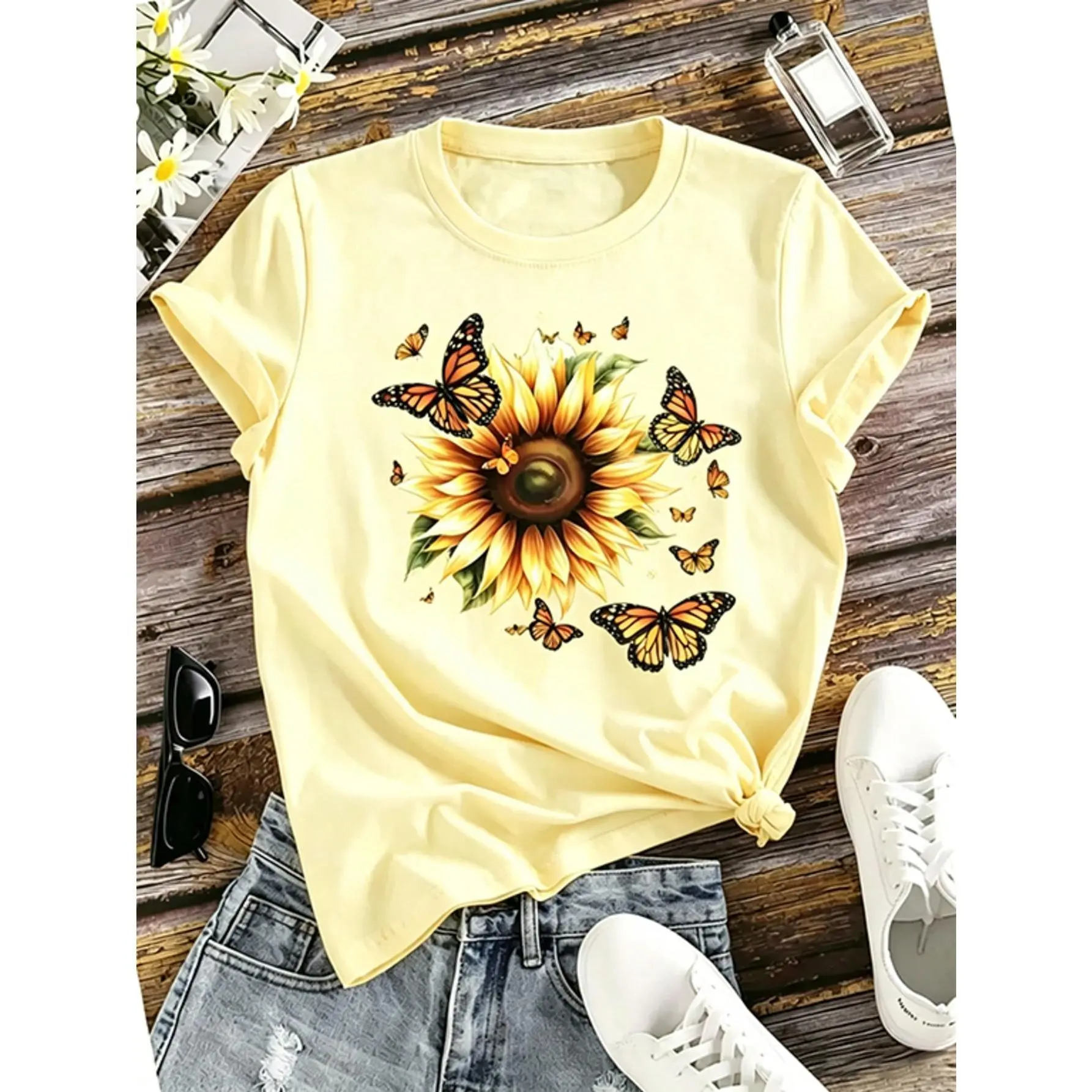 1 Pcs Casual Vintage 100% Cotton Women Short Sleeve Tee, Sunflower Butterfly Floral Print For Summer Brunch Travel Airport Street Outdoor Outfits