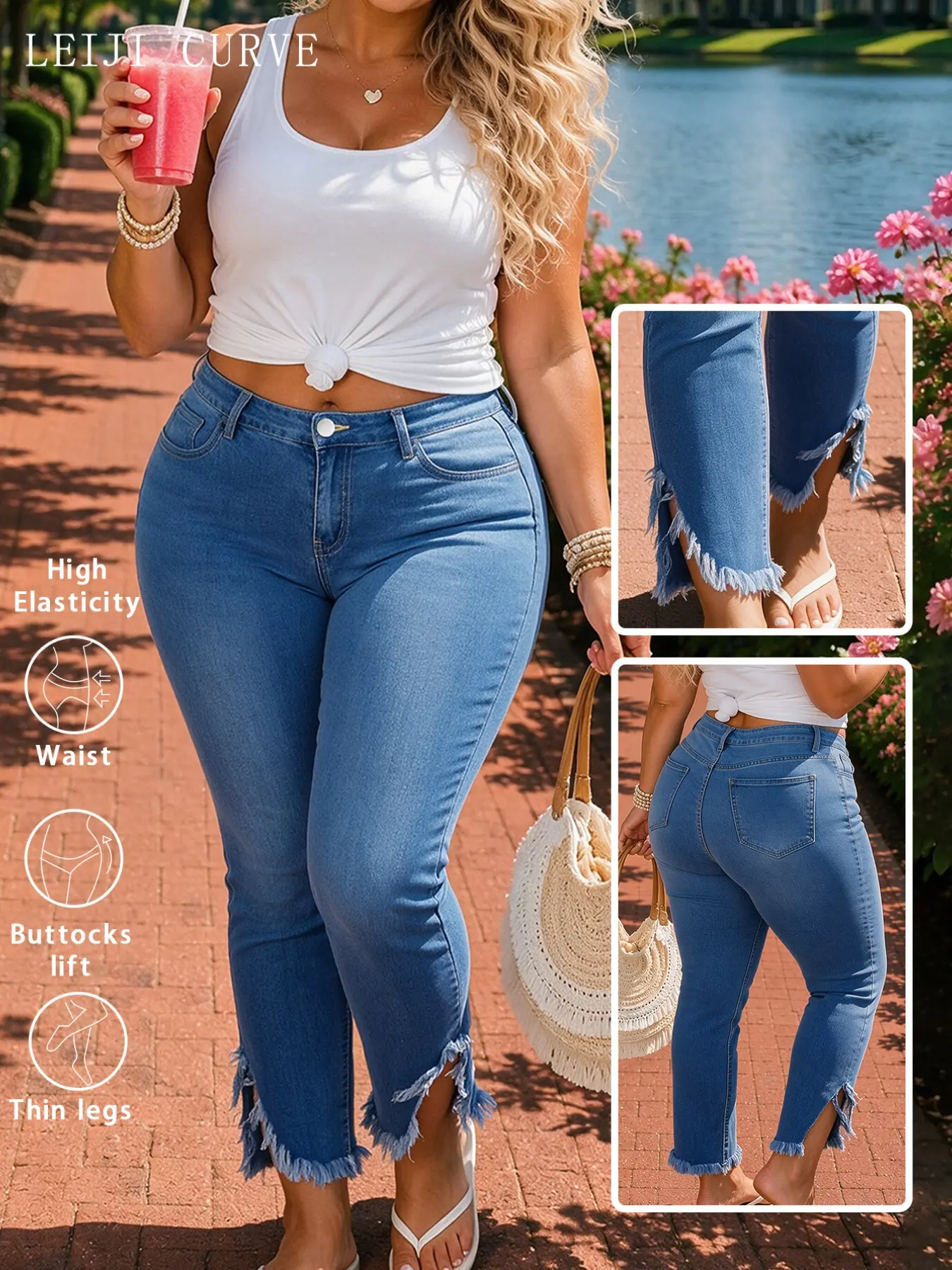 High Waist Stretch Denim Jeans for Women, Deep Blue Frayed Hem Split Leg, Elastic Long Pants, All Seasons Fitted Style
