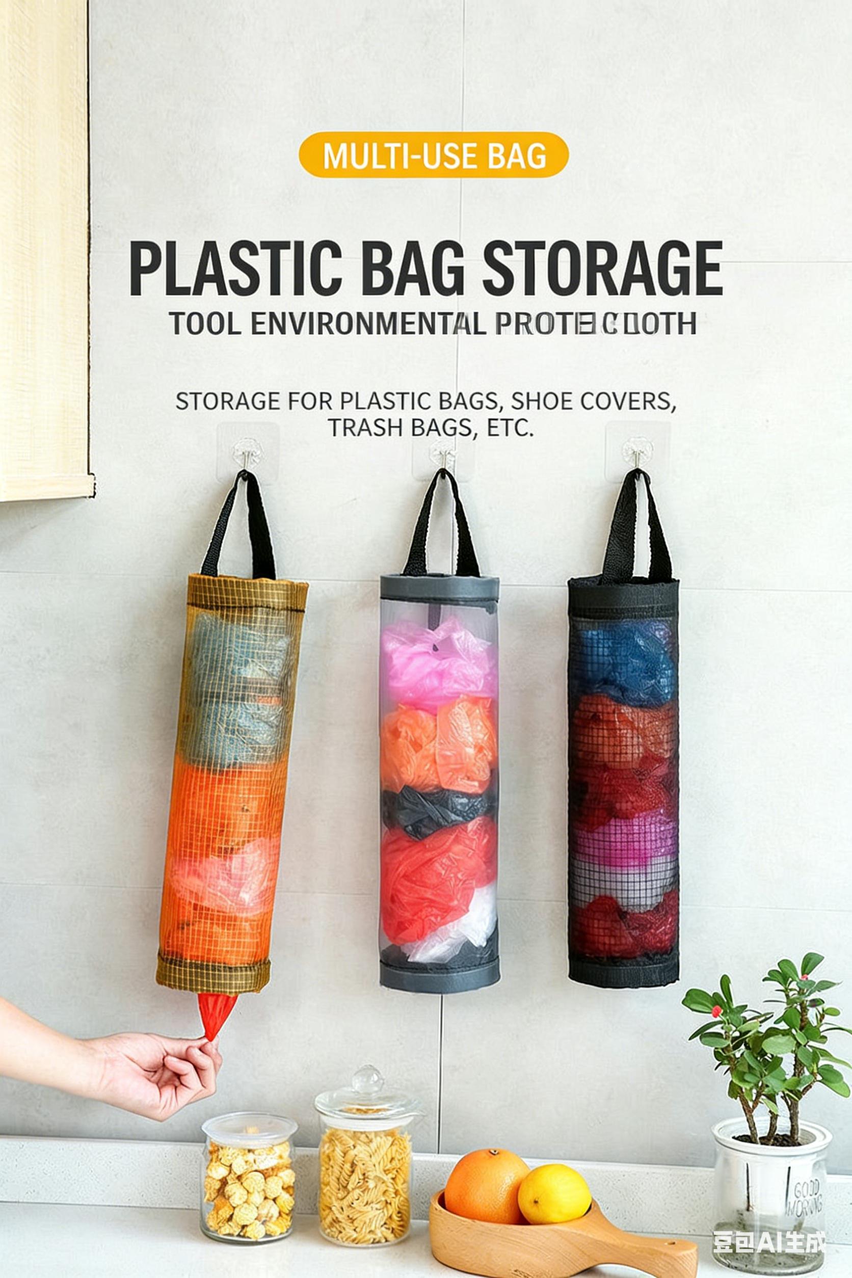 Free 2 Self-Adhesive Hooks,2 Counts Plastic Bag Storage Bag,Hanging Foldable Mesh Bag,Garbage Bag Organizer,Kitchen Storage Bag,Kitchen Organizer,Household Items. reusable plastic pouch case w vegetable fruit meat self-adhesive hook
