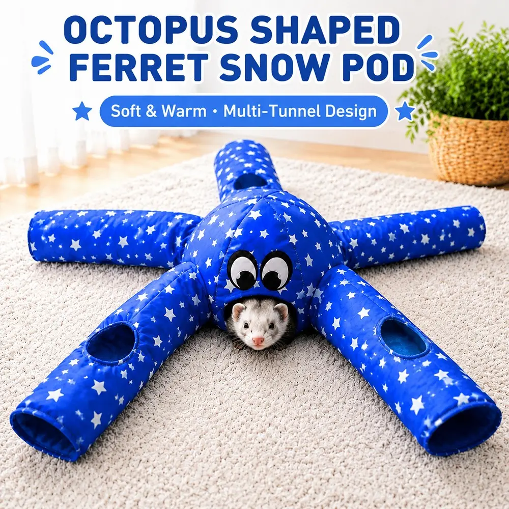 Cartoon Ferret Cotton Nest, Five-Opening Tunnel Pet Toy, Octopus Shape Ferret Bed, Rest and Play All-In-One Cotton Nest