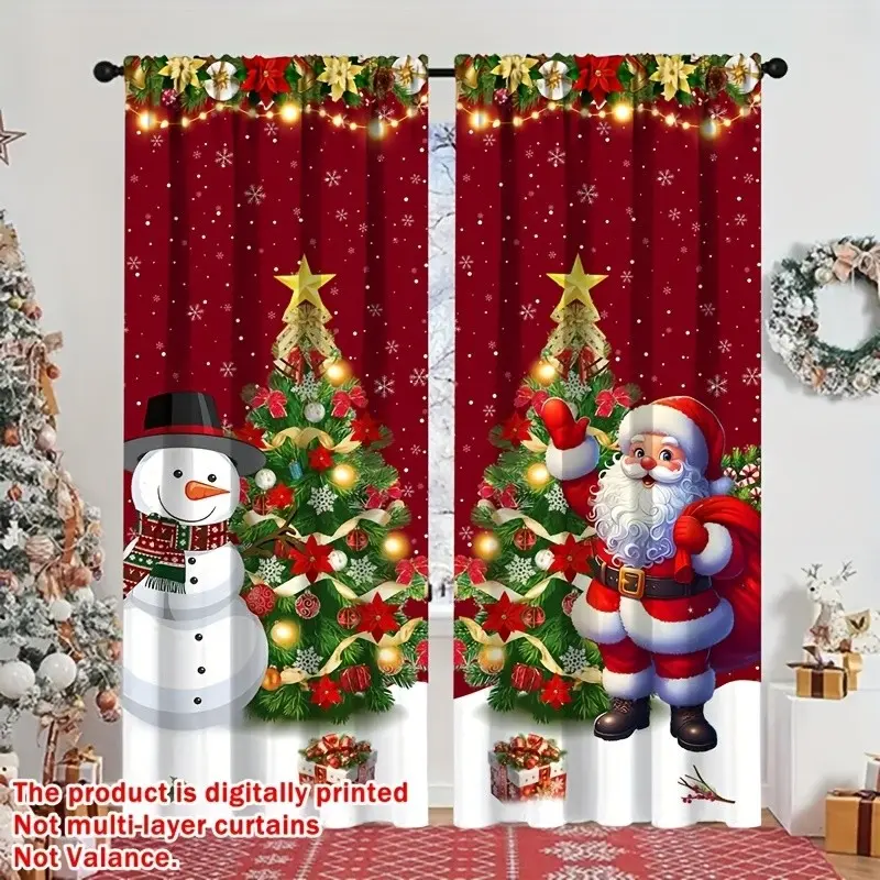 Christmas Theme Curtain Set, Snowman and Santa Print, Elegant Room Window Curtains for Living Room, Bedroom, Kitchen Decor Window Drapes