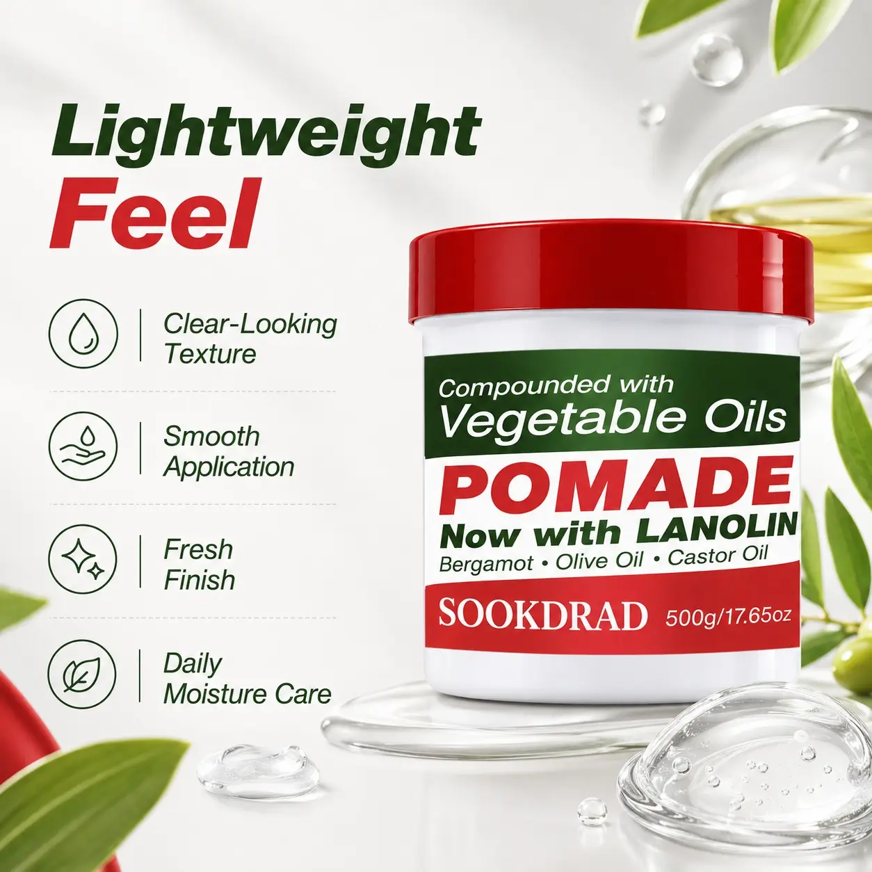 Hair Pomade With Vegetable Oils, Lanolin, Bergamot, Olive Oil, Castor Oil, For Smooth, Manageable Hair, Daily Styling, 500g