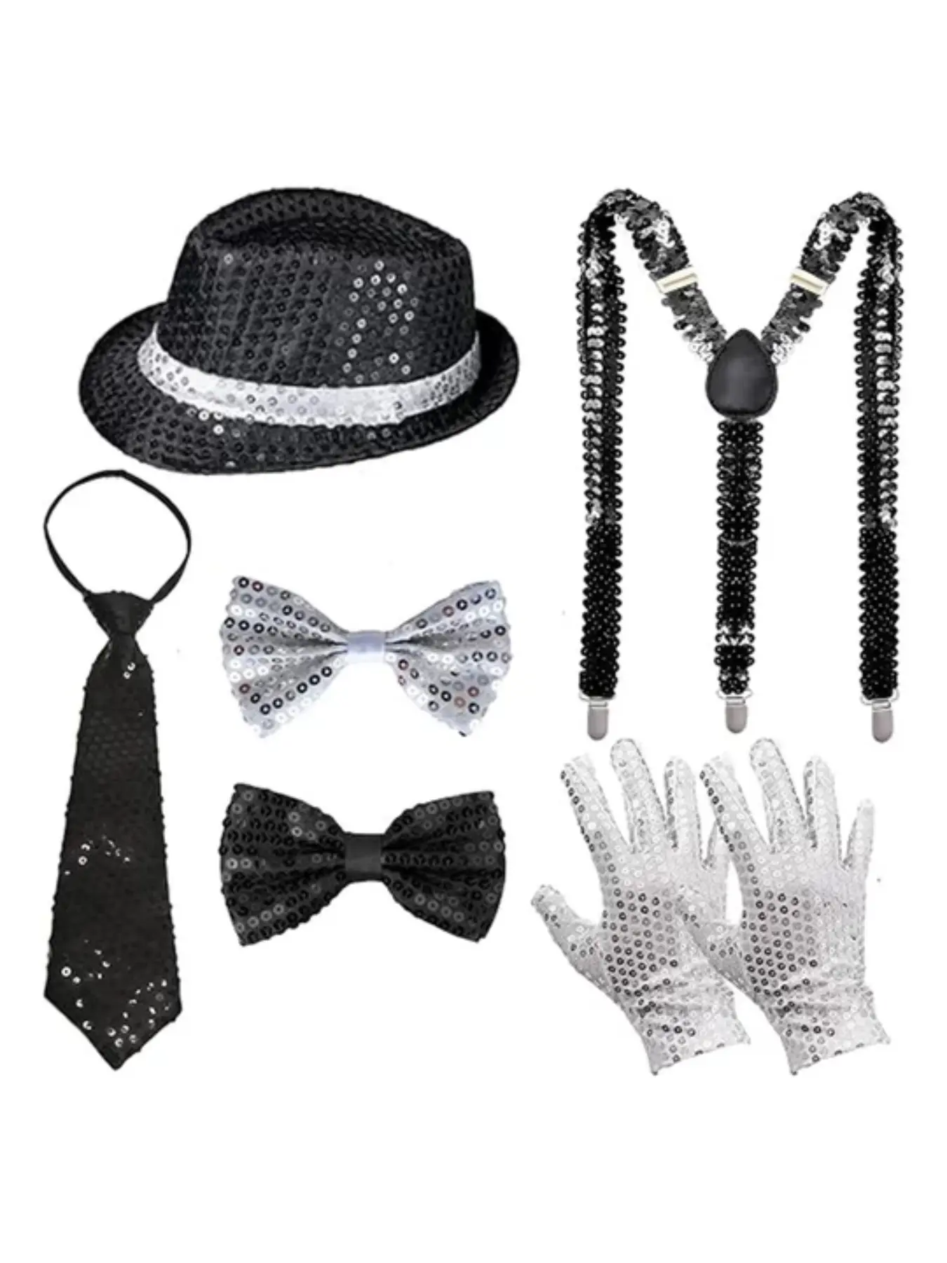 70s 80s Disco Costume Set, Sequin Fedora Hat, Gloves, Tie, Suspenders, Bow Ties, Unisex Adult Halloween Cosplay, Retro Party