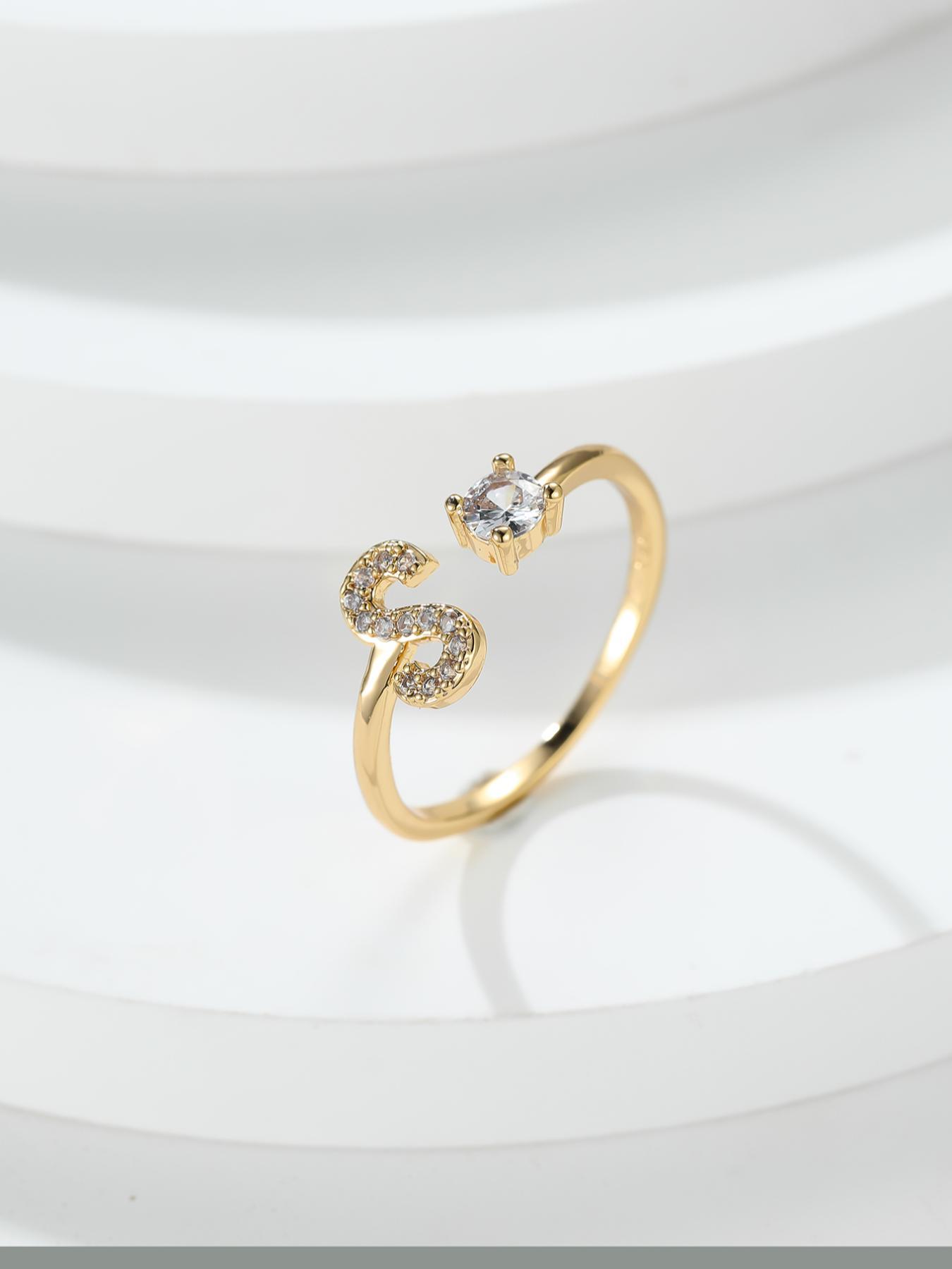 Summer 2026 Creative Letter Cuff Ring with Artificial Zircon Decor, Adjustable Open Ring, Fashion Jewelry for Women & Girls, Copper Statement Ring