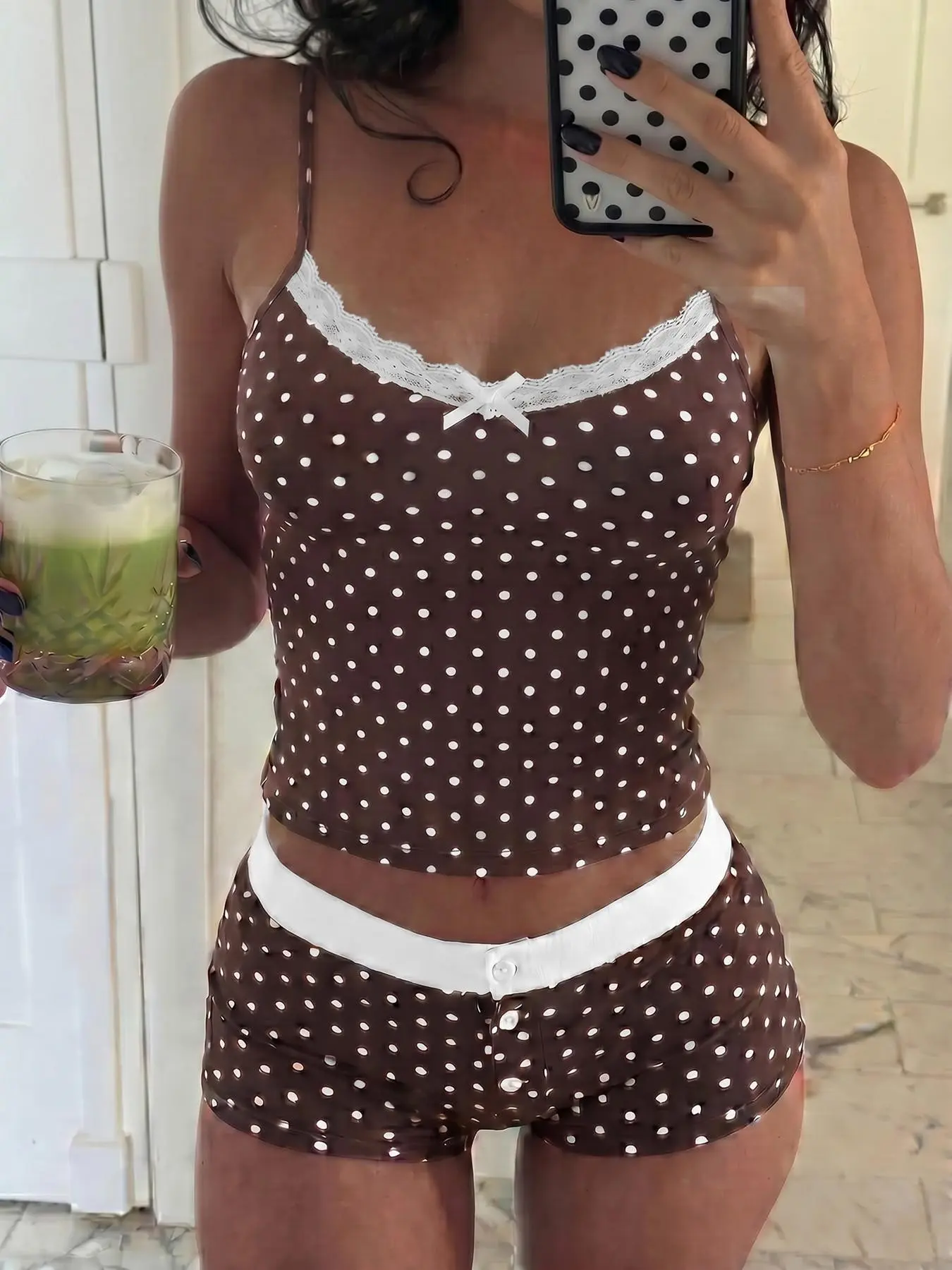 Brown polka dot lace trim camisole & shorts loungewear set, soft slim-fit pajamas, cute girly style matching pajama set, casual daily home two-piece, popular TikTok girl pajamas, sweet vintage polka dot loungewear Aesthetic