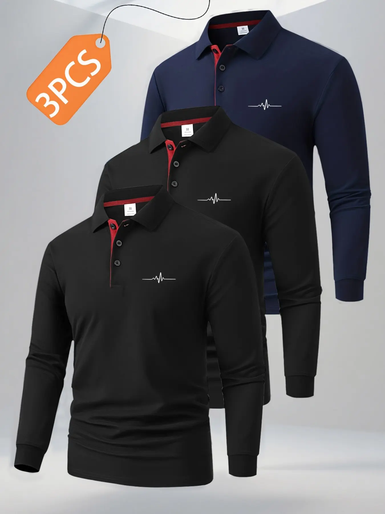 Three-Piece Men's Long Sleeve Outdoor Polo Shirts, Breathable Comfort, New Design, Chest Print, Button Front, Ideal for Hiking and Daily Wear