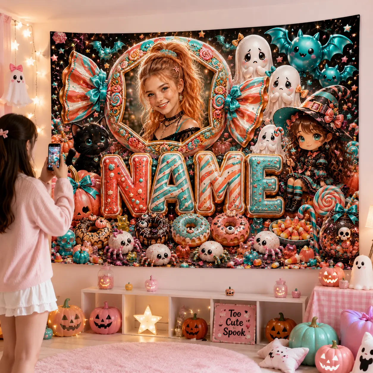 Personalized Coral Teal Halloween Backdrop with Photo and Name, Ghosts, Black Cat, Witch, Pumpkins and Candy Party Decor