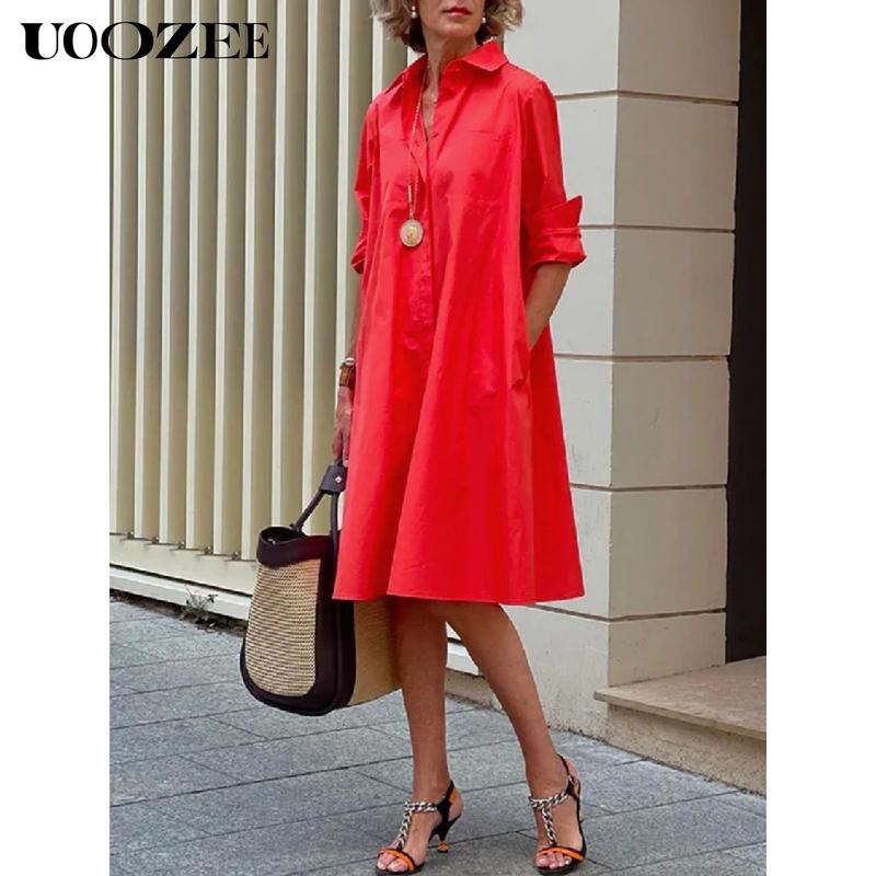 UOOZEE- LIVE Women's Long Sleeves Solid Color Lapel Maxi Dresses Midi Dresses Summer White UOOZEE- LIVE Women's Long Sleeves Solid Color Lapel Maxi Dresses Midi Dresses Summer White