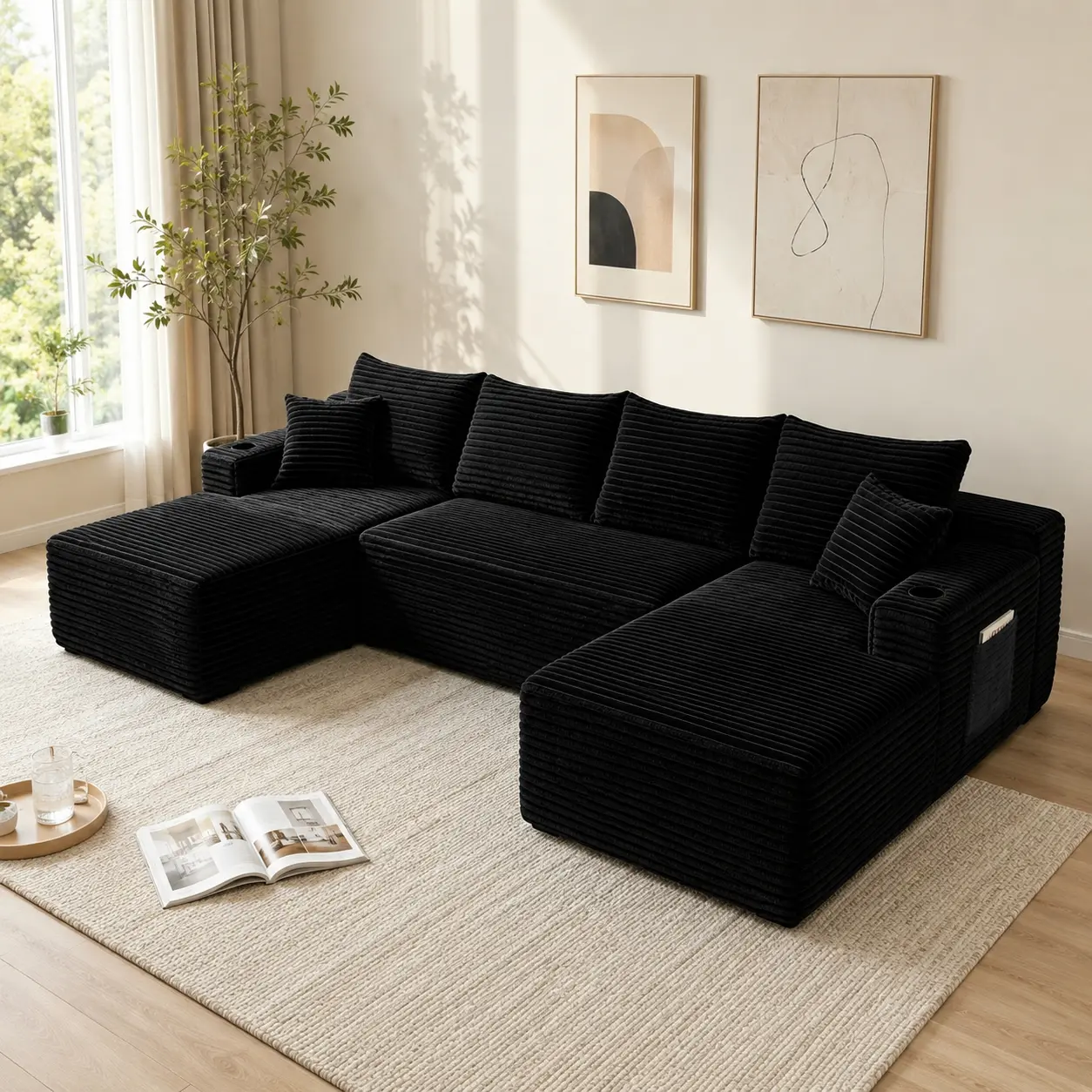 No-Assembly-Required Extra Large Corduroy Modular Convertible Sectional Sofa Bed - Deep Seated, Configurable U/L-Shaped, with Cup Holders, for Apartment Living Room, Contemporary Home Decor, Black Sectional Couch, Sofa Sectional Couch