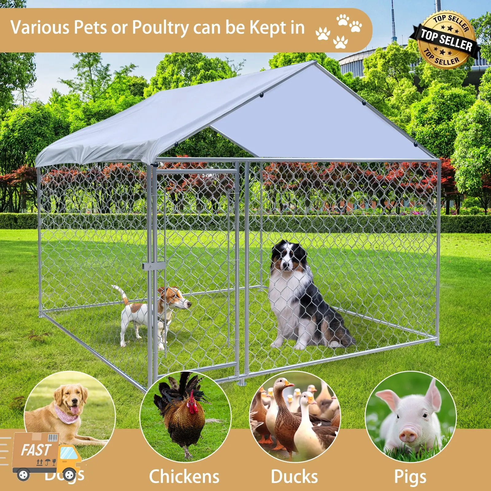 Outdoor Dog Playpen Large Cage Pet Metal Fence Kennel with Waterproof Cover Roof