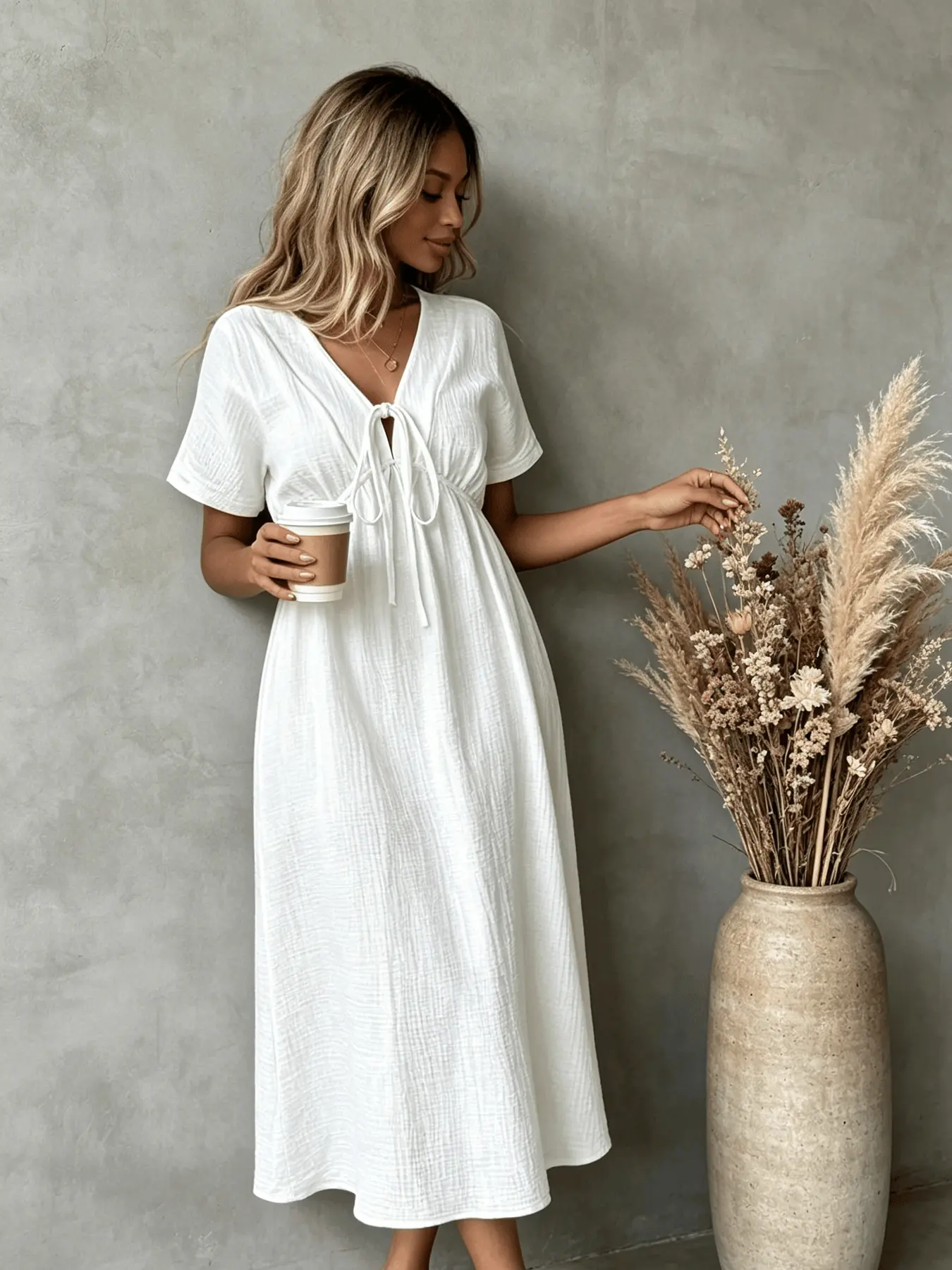 A women's fashionable casual resort-style pure-color dress with a V-neck, lace-up front, high waist, and large skirt, creating a slimming effect and a festive atmosphere. Ideal for summer, dating, parties, beach outings, and afternoon tea.