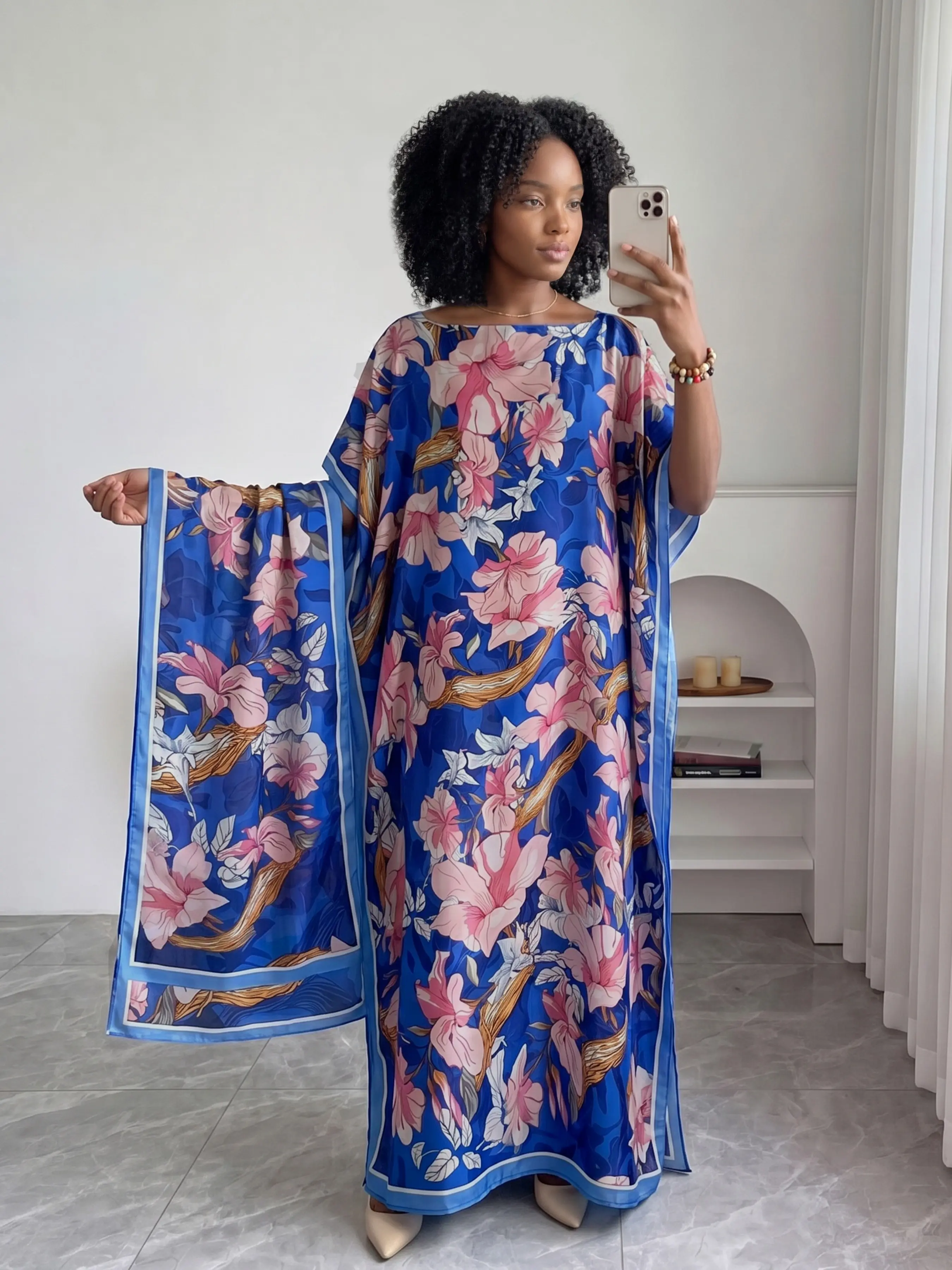 Elegant Slim Fit Moo Moo Long Dress Set, Sexy Floral Print Robe with Hooded Scarf, Beach Sun Protection Silk Scarf for Women, Casual Boho Chic