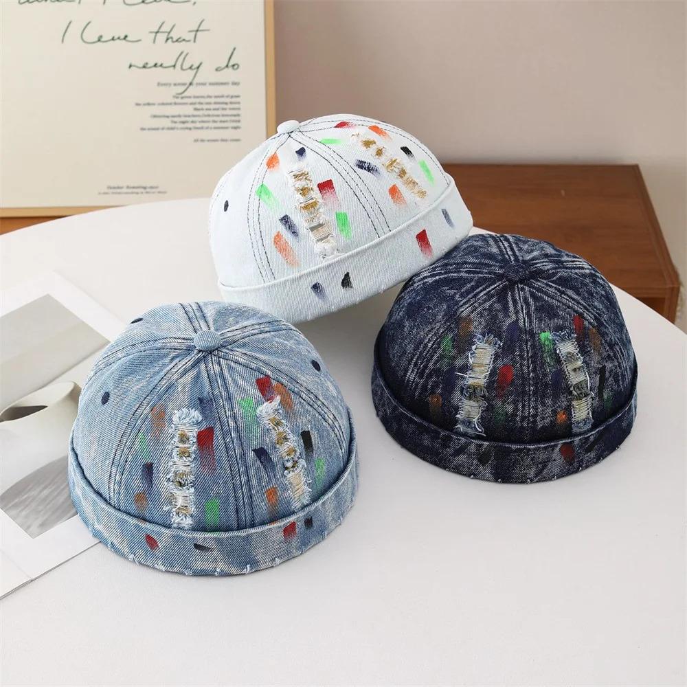 Vintage Distressed Denim Docker Cap for Men Women Retro Washed Miki Hat with Colorful Graffiti Print Streetwear Brimless Beanie