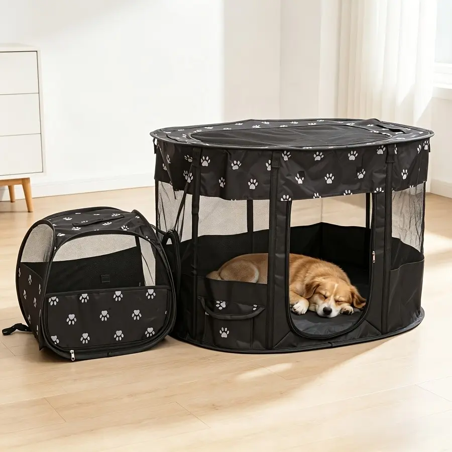 1pc Portable Cat Playpen with Separate Areas, Foldable Puppy Doggy Play Pen with Zipper Top Cover Cat Tent for Indoor and Outdoor, Pet Playpen for Kittens and medium large Dogs for sleep Detachable and breathable extralarge space pet Playpen, black