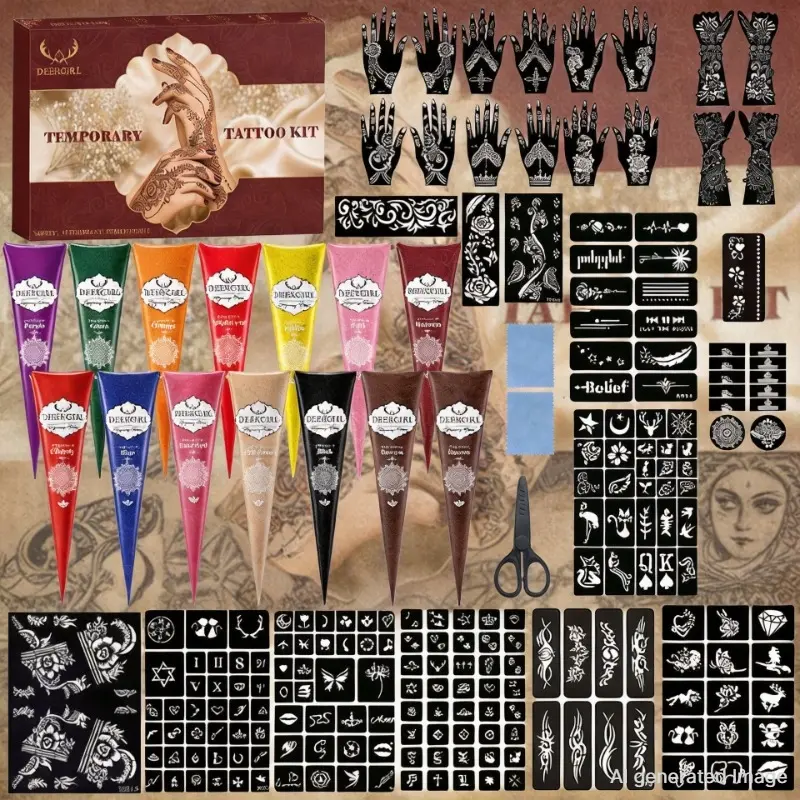 Natural Henna Temporary Tattoo Set, Maroon Black Brown Pink Cherry Henna Paste Cones with Multiple Hand Body Stencils, Safe Skin Friendly DIY Temporary Tattoo Kit for Festival Bridal Decor