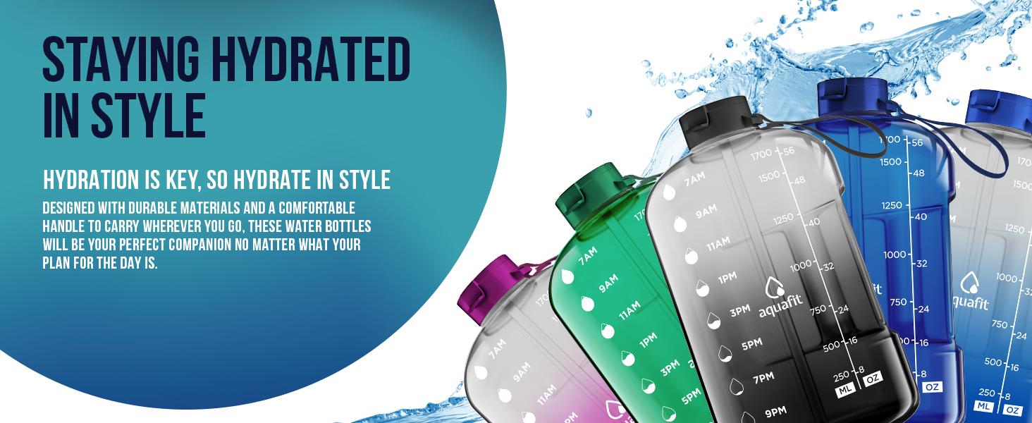 AGS AQUAFIT 64 oz Water Bottle with Time Marker - Straw & Chug Lid - BPA Free Half Gallon Gym Water Bottle with Handle - Big Gallon Jug (Gray, 64 Ounces)