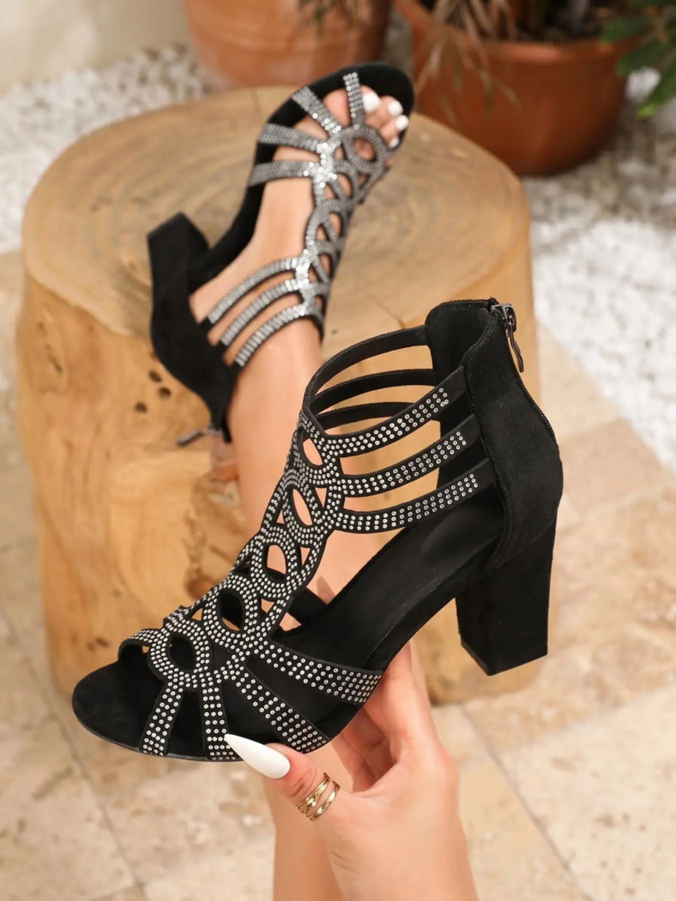 Women's Rhinestone Hollow Out Cuban Heel Gladiator Sandals, Peep Toe Evening Party Shoes, Velvet Luxury Style, Cocktail Sandals