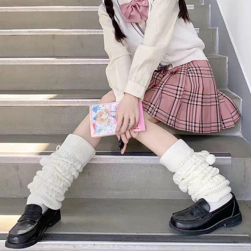KOSAHIKI Japanese Lolita Sweet Girl Leg Warmer Knit Socks Wool Ball Knitted Foot Cover Cosplay Women Autumn Winter Punk Sock