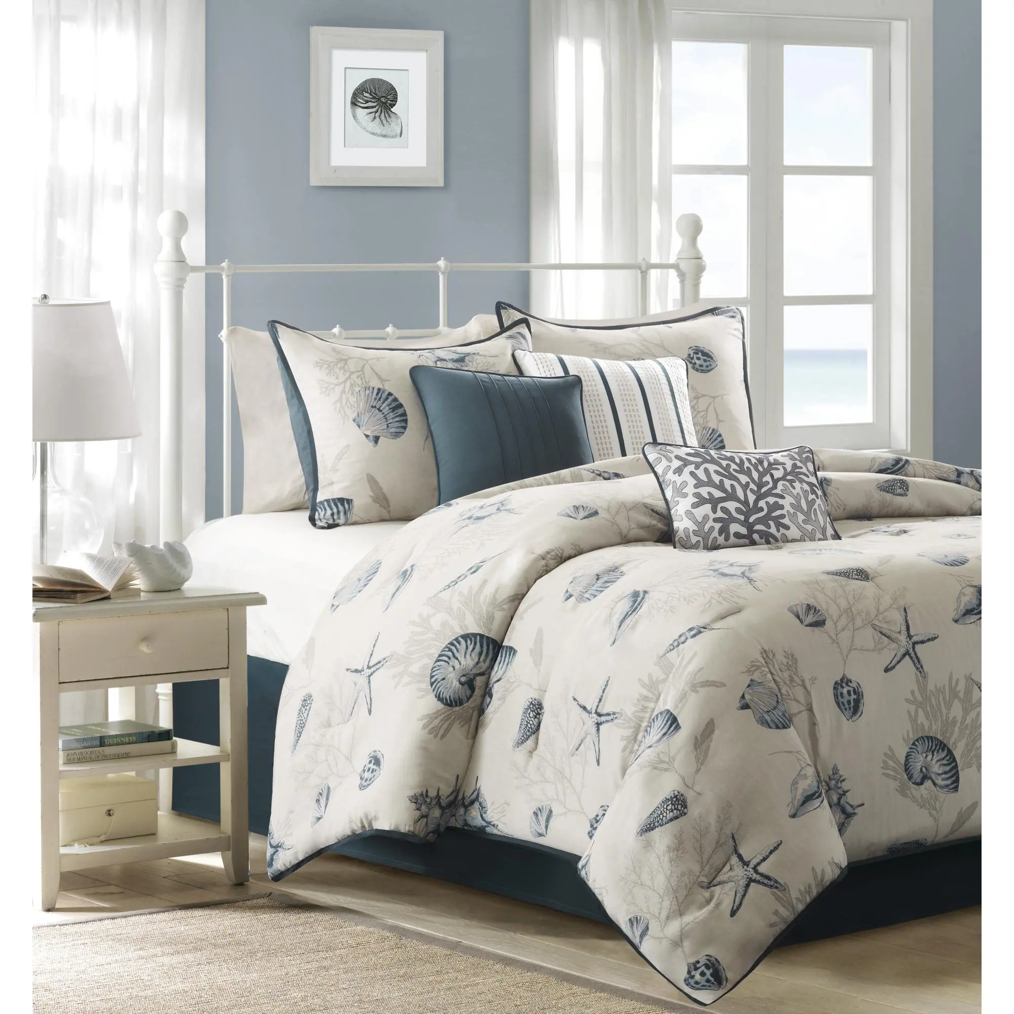 Nokaa Queen Size 7-Piece Cotton Sateen Comforter Set - Seashell Print, Lightweight Poly Fill, Shams, Decorative Pillows, Sheets, Bed Skirt, Coastal Bedroom Decor