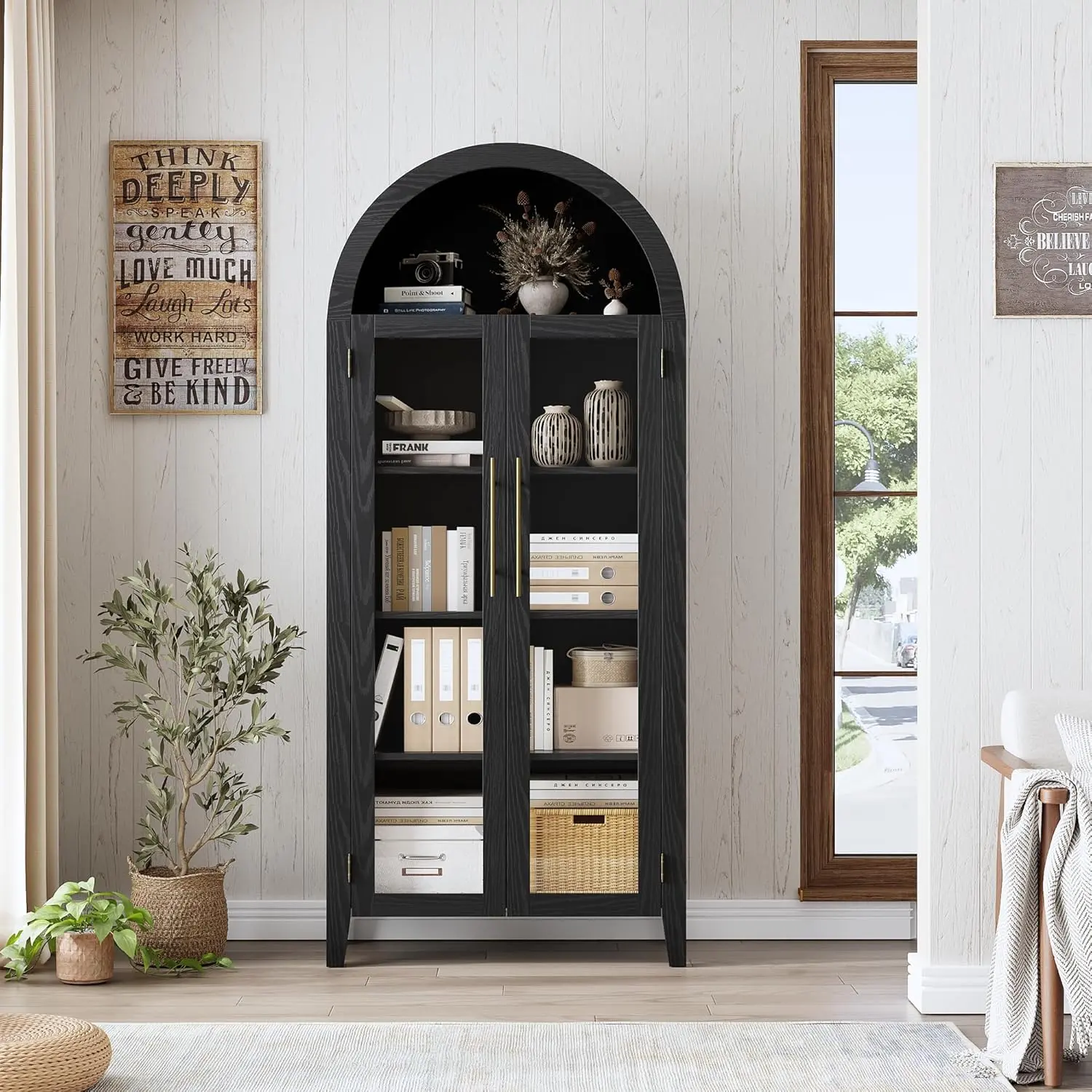 Garvee Farmhouse Arched Kitchen Pantry Cabinet, 63 in Tall 5-Tier Freestanding Storage Cupboard/Display Bookcase, 2 Glass Doors, Adjustable Shelves - White