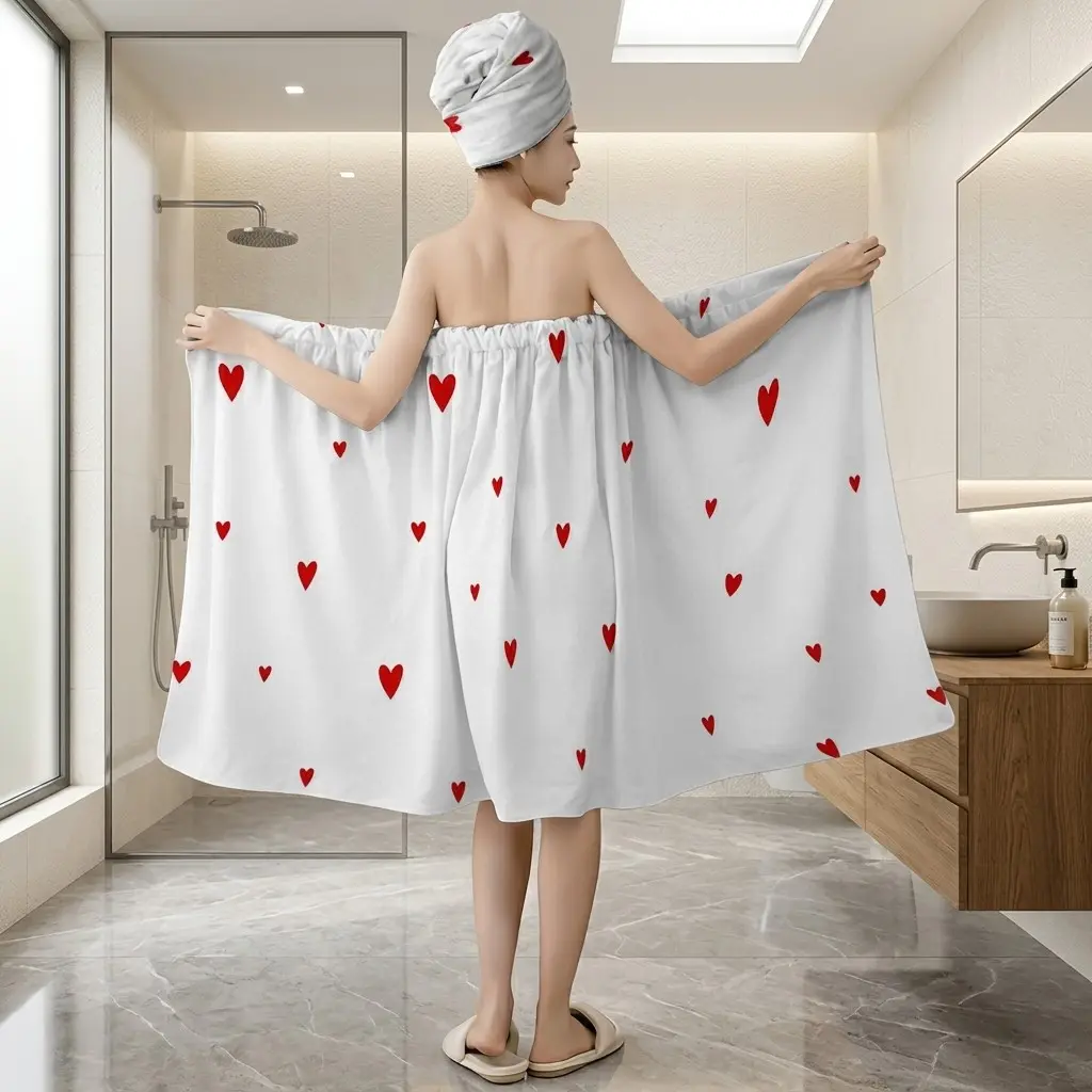 2Pcs White Red Heart Bath Wrap Towel Set for Women, Wearable Shower Skirt & Hair Towel Turban, One Size/Plus XXXXL, Soft Spa Bathrobe, Beach Cover Up, Romantic Bathroom Gift
