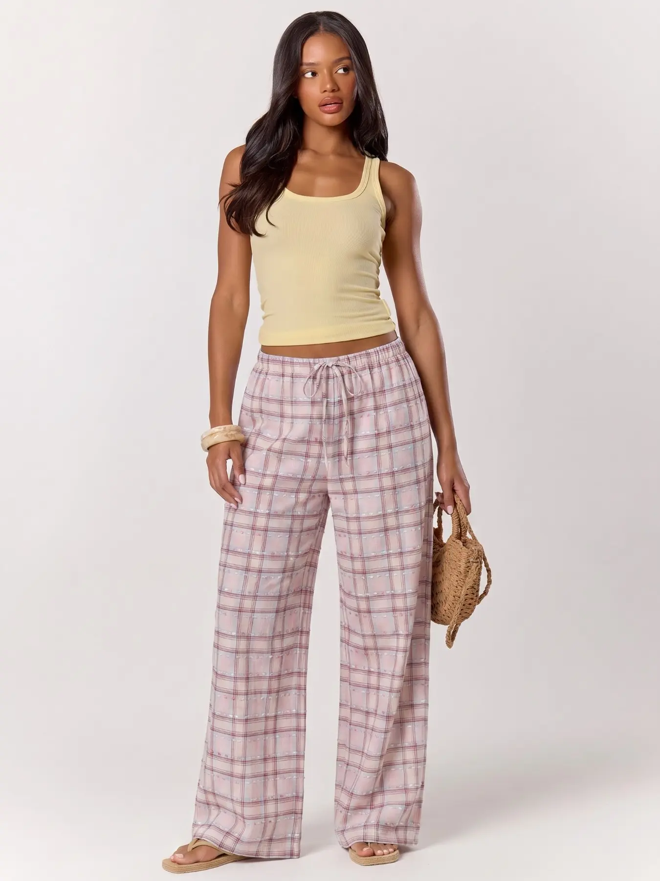 Pastel Plaid Wide Leg Pants, Elastic Drawstring High Waist Trousers, Colorful Tassel Detail, Casual Beach Resort Bottoms, Viral Trendy Women's Summer Pants