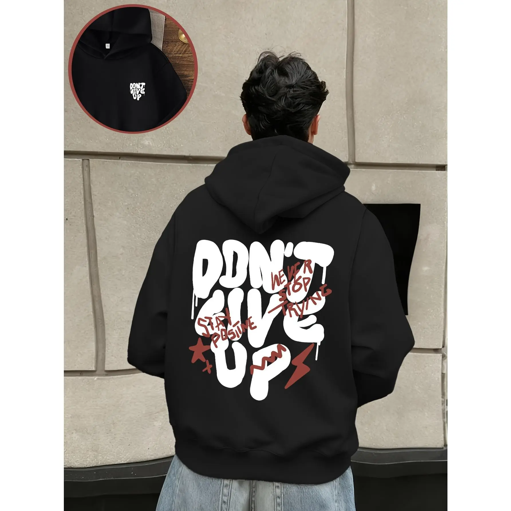 Trendy new inspirational slogan print - 'Don't give up', one-piece fashion hoodie for boys and teenagers, Tween boys series top, the hoodie brings comfort to the kids