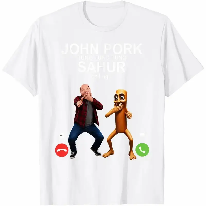 100% Premium Cotton graphic tees John Pork and Tung Tung Tung Sahur is Calling Scuba Dance T-Shirt Unisex White Clothing Streetwear