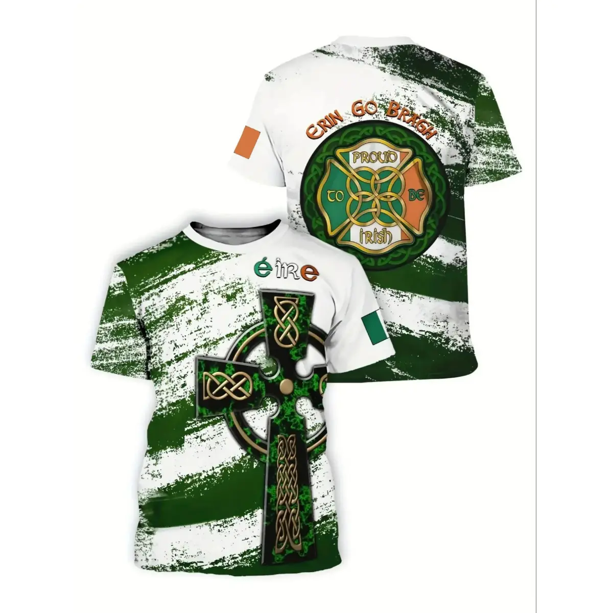 2026 Men's Celtic Cross Traditional Heritage T-Shirt - Full Print, Fitted Cut, Irish Flag Colors, Full Body Celtic Knots Clover Design, All Seasons Casual Tee with Cultural Depth