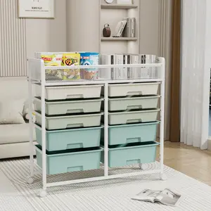 White Rolling Storage Cart with Large Capacity 2-Row 10-Drawer Rolling Storage Cart, Metal Mesh Top Utility Organizer with Wheels, Multi-Layer Plastic Drawers for Kitchen, Bathroom, Bedroom, Office