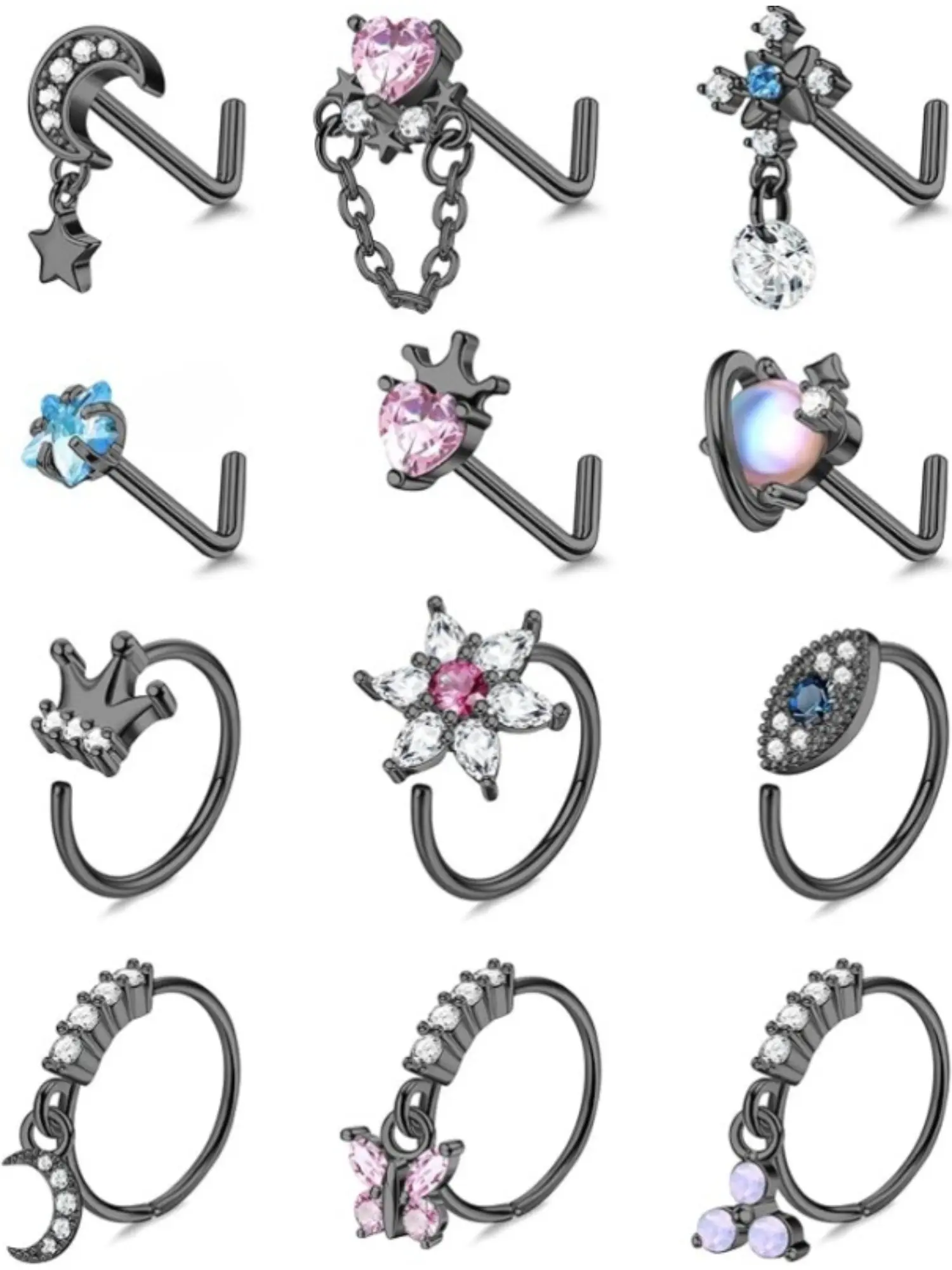 12 Pcs 20G Dangle Nose Rings Set for Women Stainless Steel Nose Stud L Shaped Nose Ring Hoops Butterfly Moon Flower Evil Eye Crown CZ Dangling Nose Piercing Jewelry