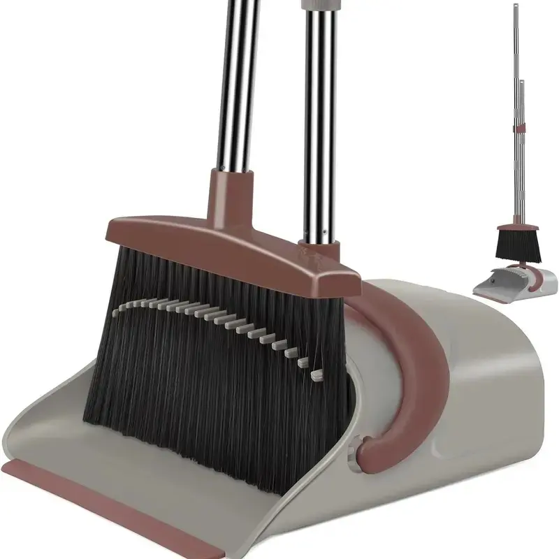 Broom and Dustpan Combo Set with Bristle - 50.6 in Long Handle, Upright Standing, Quiet Home Cleaning Tool, 4x More Pet Hair Removal (Brown and Gray)