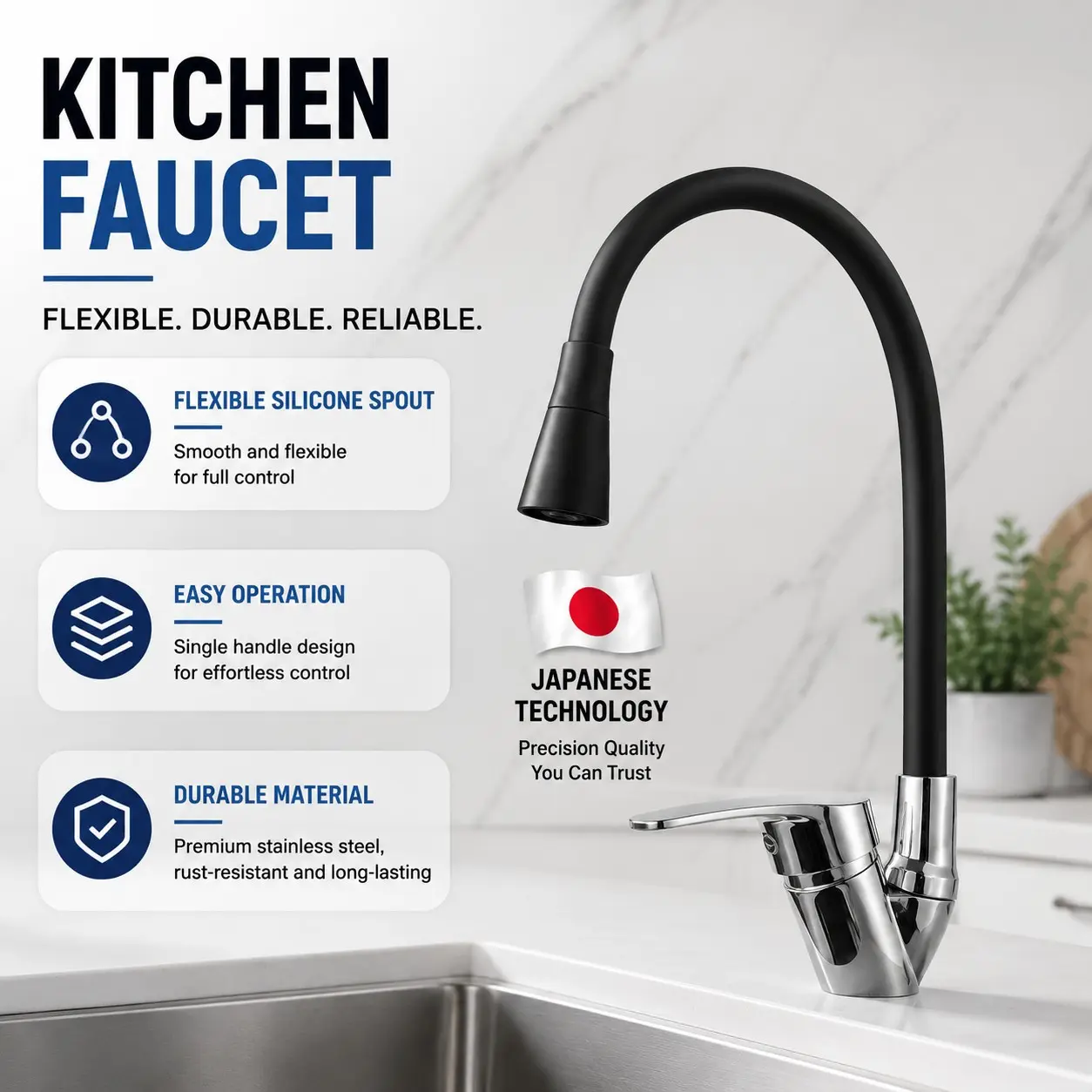 Kitchen Faucet with Flexible Silicone Hose, Splash-Proof Water Flow Design, Ideal for Apartment/home Sink, Durable & Easy to Use, Modern Kitchen Faucet