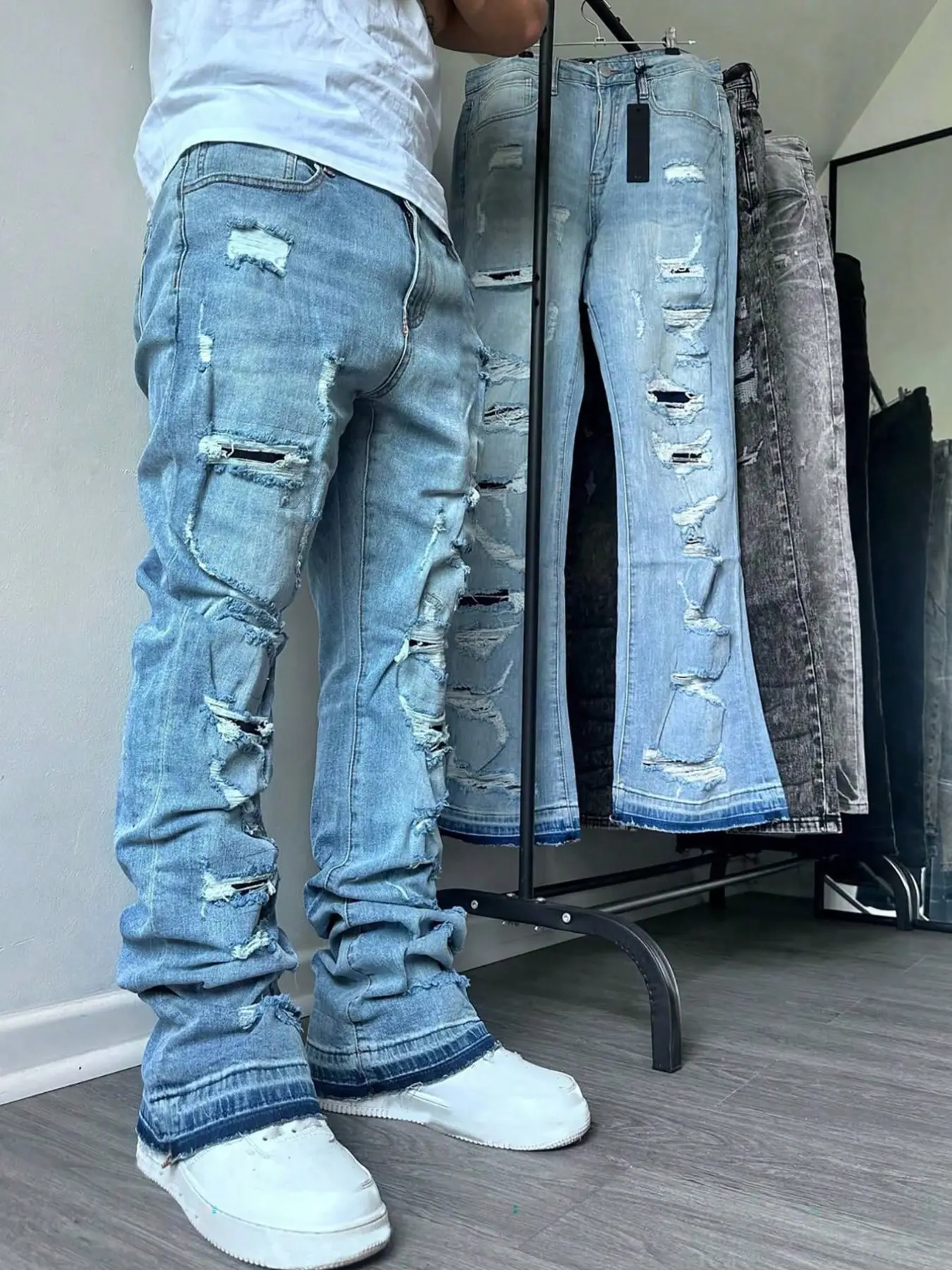 Men's Micro Flare Jeans, Tight Fit Casual Fashion Denim Jeans, Ripped Bell Bottoms, Washed Y2K Layered Pants, Streetwear, Seasonal Wear, Patchwork Embroidery