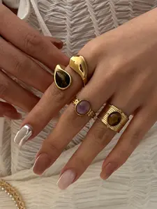 3Pcs Tiger Eye Amethyst Irregular Hammered Stainless Steel Stackable Rings Set Oval Natural Stone Open Golden Finger Rings Boho Vintage Women Statement Jewelry