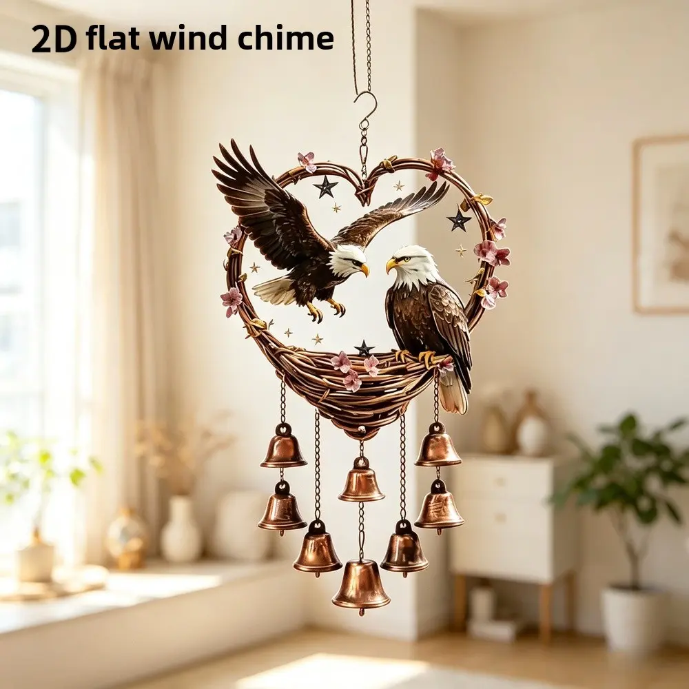 1 2D heart-shaped bald eagle patriotic wind chime, equipped with a soft metal bell, weather resistant design, made of acrylic material, can be hung in courtyards, gardens, Valentine's Day scenes, as a patriotic themed gift。