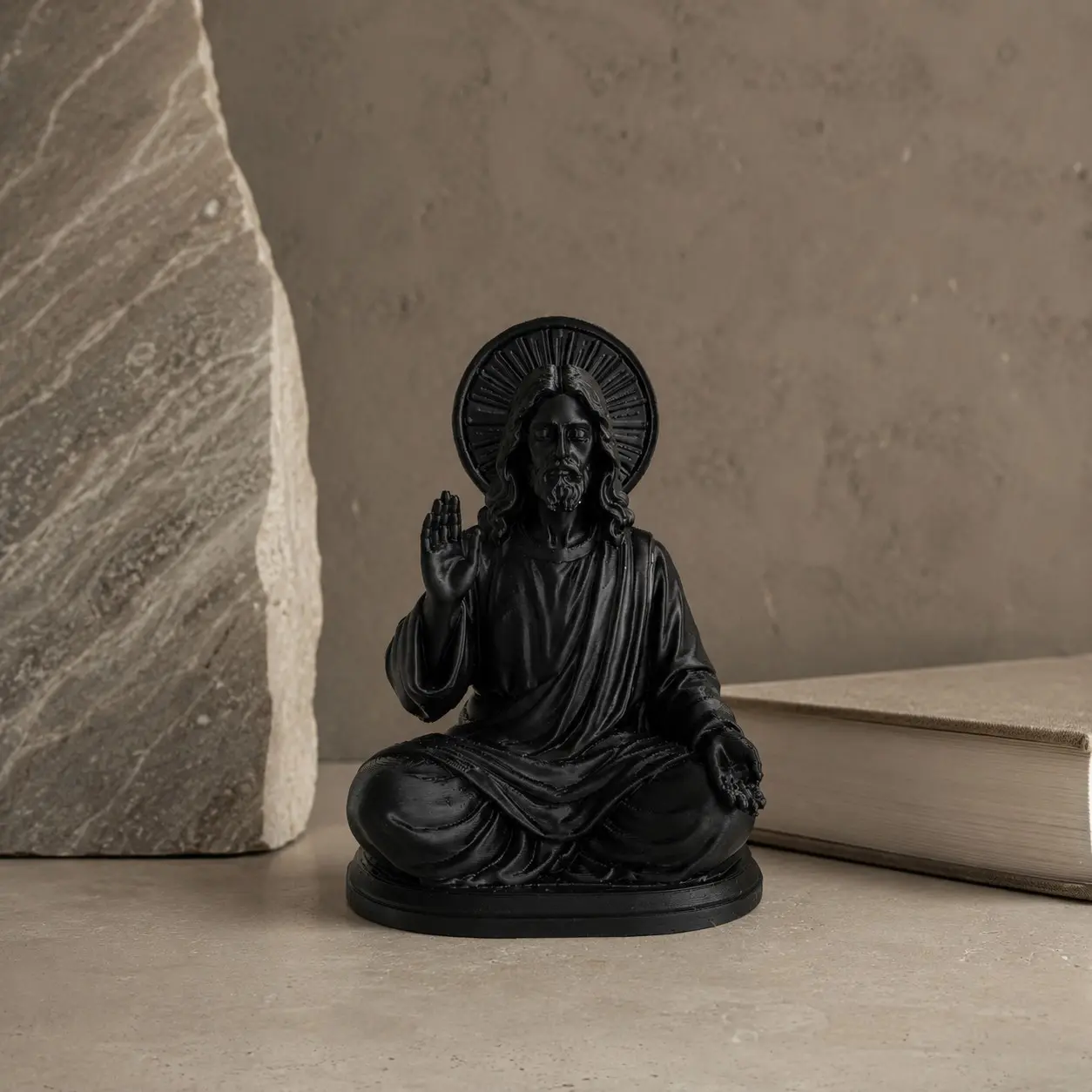 Jesus Statue Meditation Prayer Desk Ornament, Sacred Blessing Gesture Halo Religious Home Decor, Ideal for Living Room, Office, Christmas, Easter