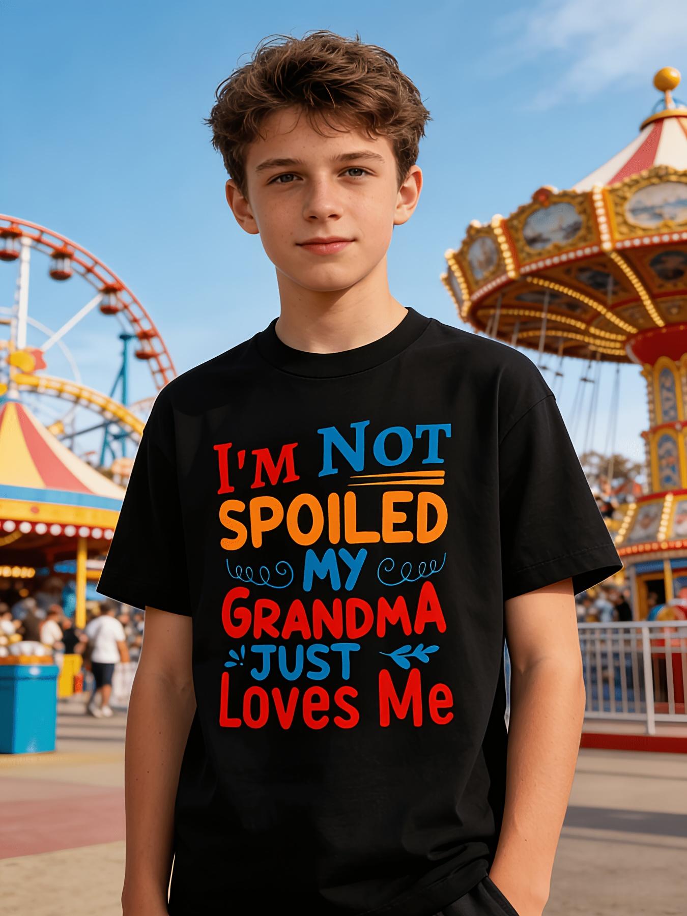 [Soft Boys' Tee] Soft Boys' Short Sleeve Tee | 'I'M Not Pampered, My Grandma Cares for Me' Monogram Design | Light Fabric, Cozy Summer Top, Washable, Sports & Everyday Use