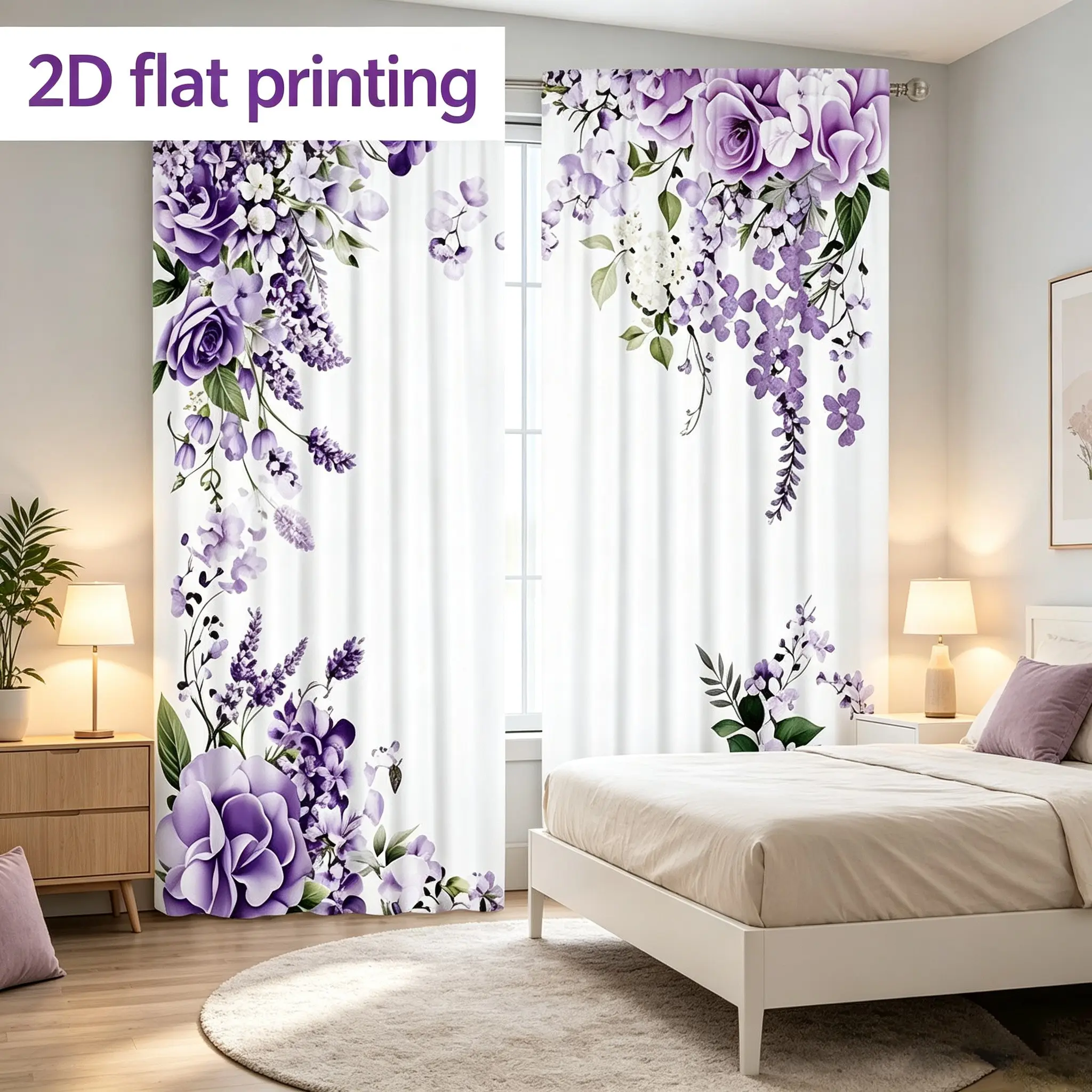 2-piece flat printed semi transparent curtain decoration, purple floral pattern, polyester material, washable, home window decoration, used for living room, bedroom, home party decoration, Window decorations supplies, Home Textile