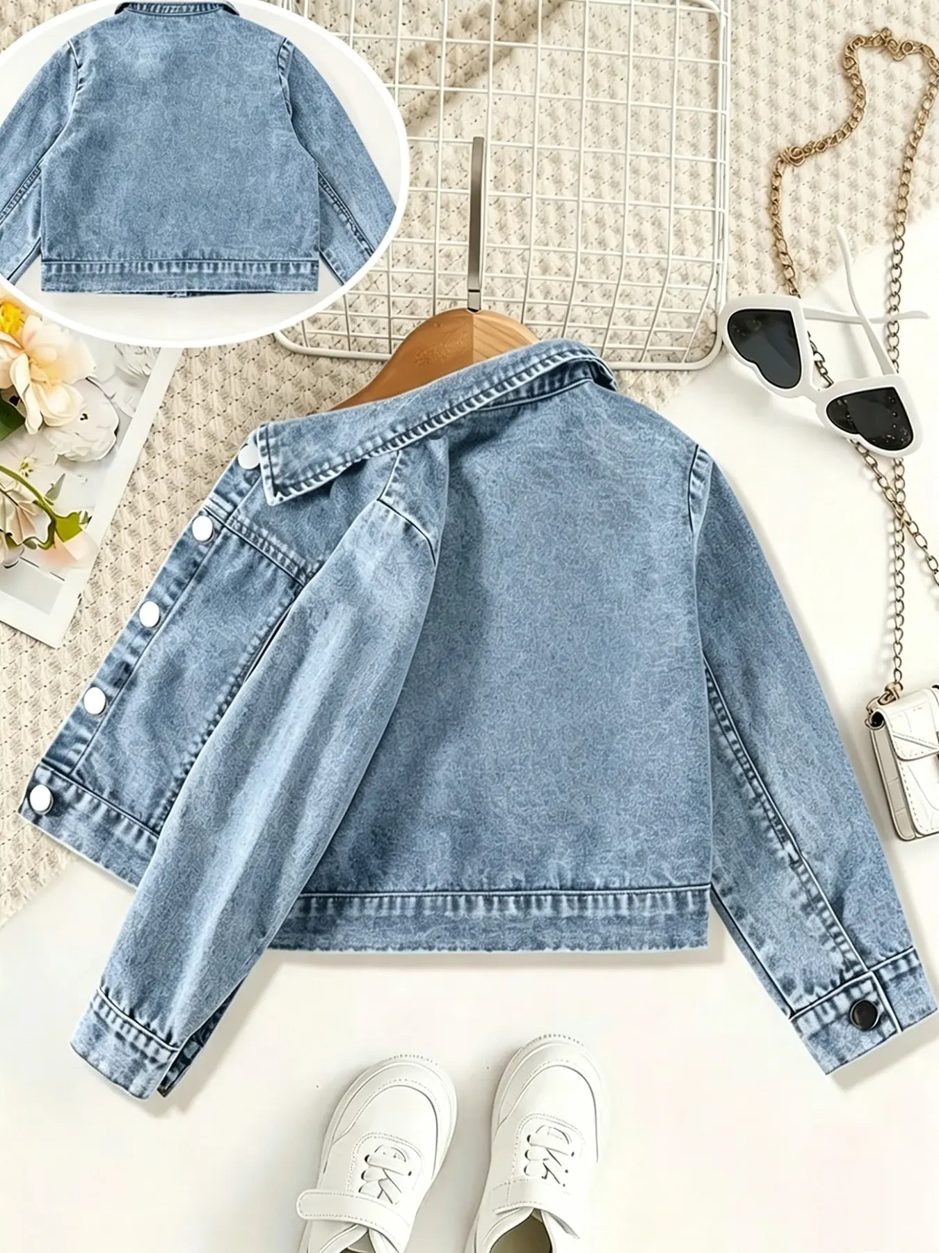 Kids Light Wash Denim Jacket, Casual Cute Outerwear, Casual Comfy Jacket, Casual Long Sleeve Button-Down Jean Coat, Fitted Solid Pattern, All Seasons Coats, Toddler Girls Clothing