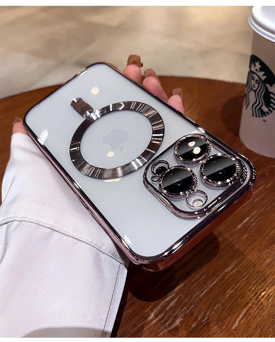 Plating Soft TPU Full Lens Protect Case for iPhone 17Air 17 16 15 14 13 12 11 Pro Max Plus Magsafe Compatible Clear Cover Shockproof Cellphone Protector Black