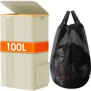 Laundry Basket with Lid, 100L Clothes Laundry Hamper with Handles and Removable Laundry Bag, Breathable Design Hamper with Lid for Bedroom, Bathroom, Dorm, Laundry Room - Beige